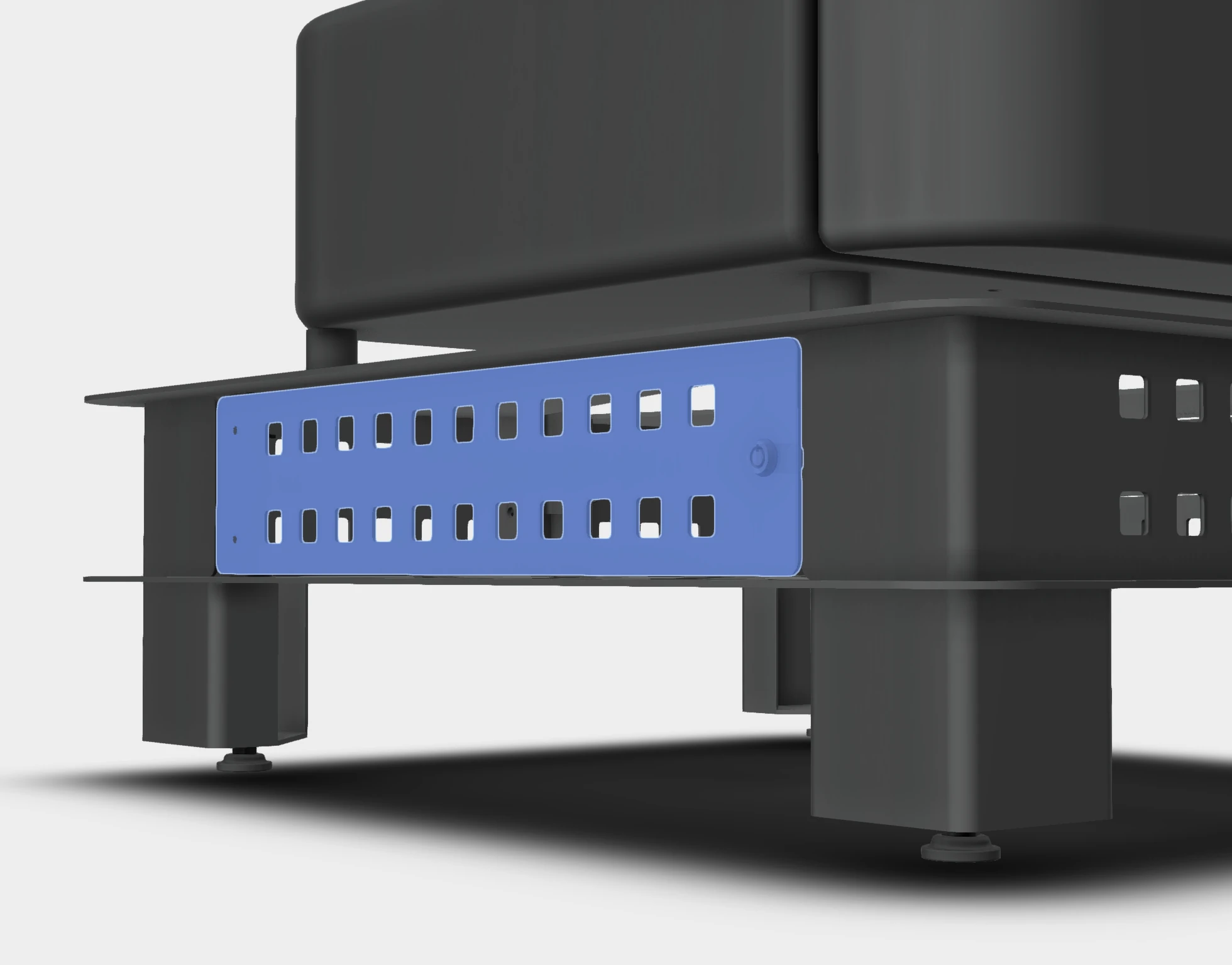 Side access panel highlighted, with a round cam lock near its end.