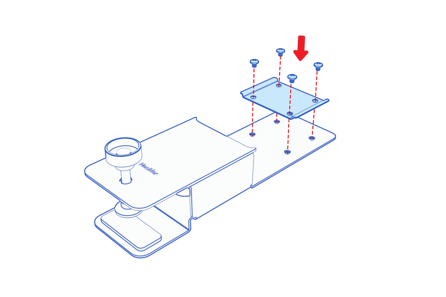 Animation of the Huddly Canvas wall bracket aligned with the mounting plate and fastened using four screws.