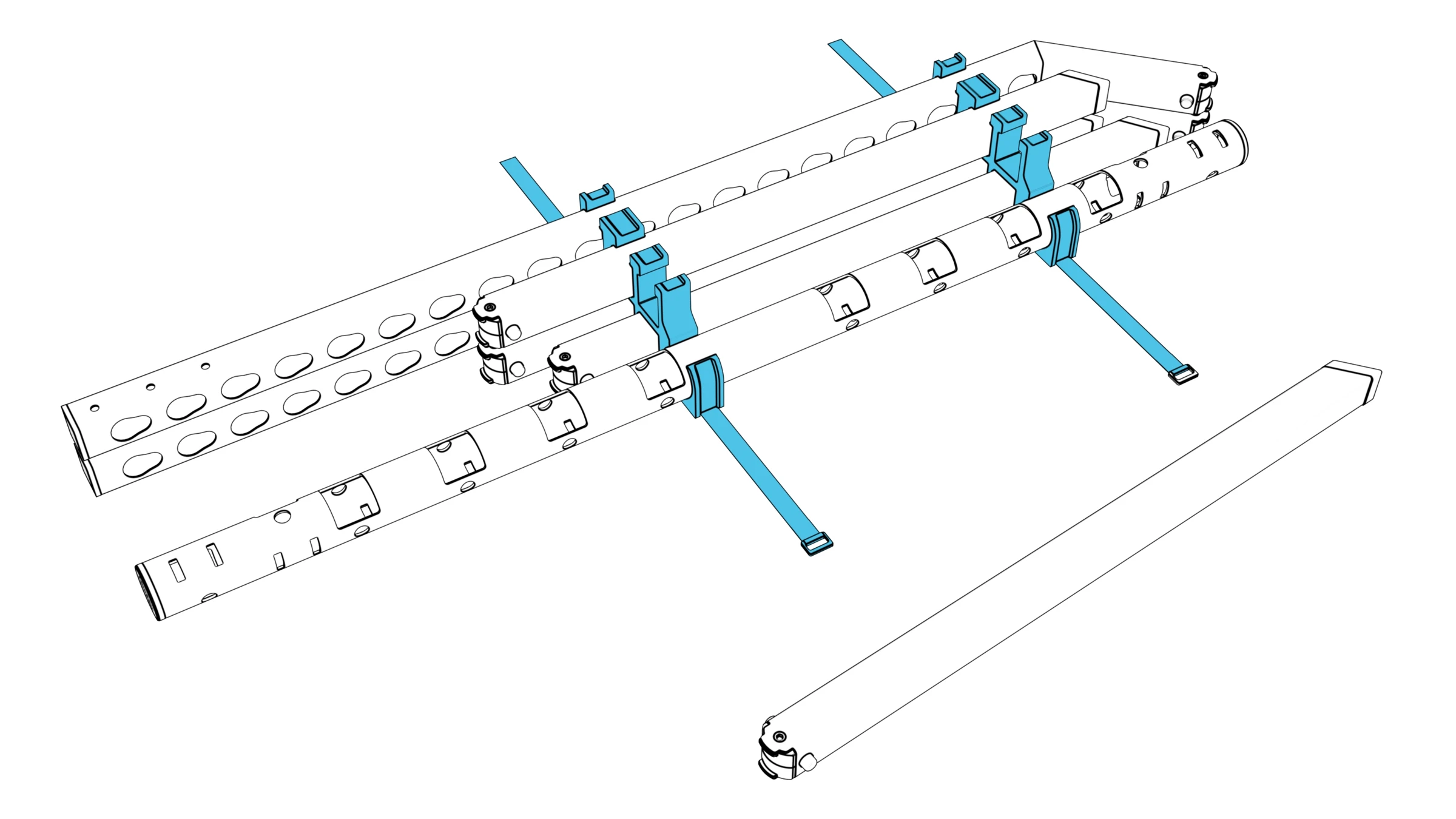 The stand components held in reusable packaging rings with the straps unfastened and extended outward.