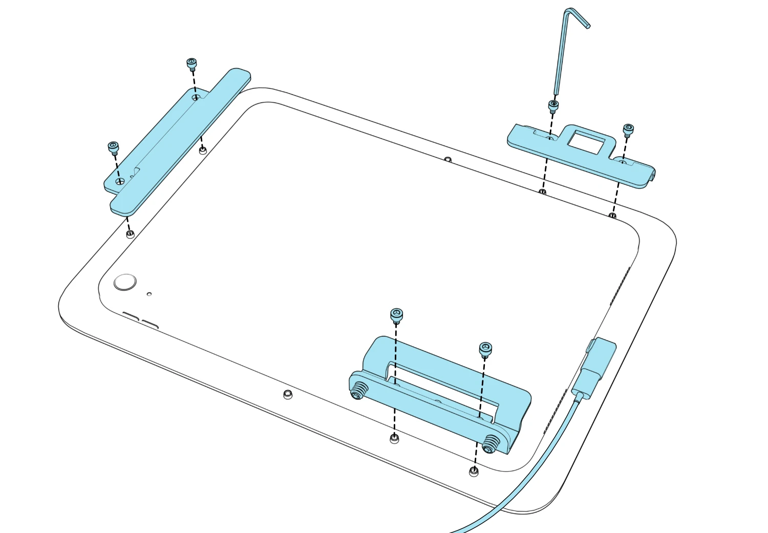 Rear view of the iPad in the enclosure, with three brackets and their screws aligned over it, a hex key at one screw, and the charging cable extending from the side.