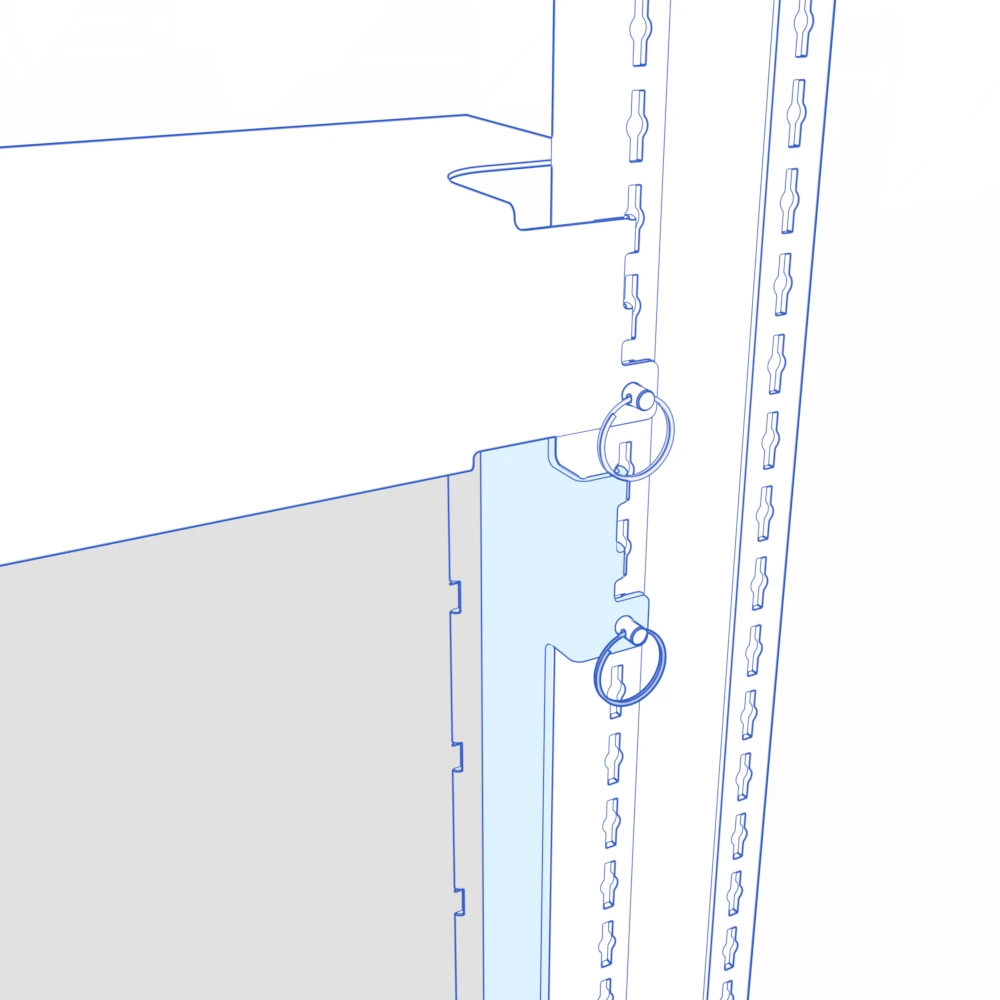 Side-bracket hook engaged with the upright, with a quick-release pin aligned to the rear locking hole.