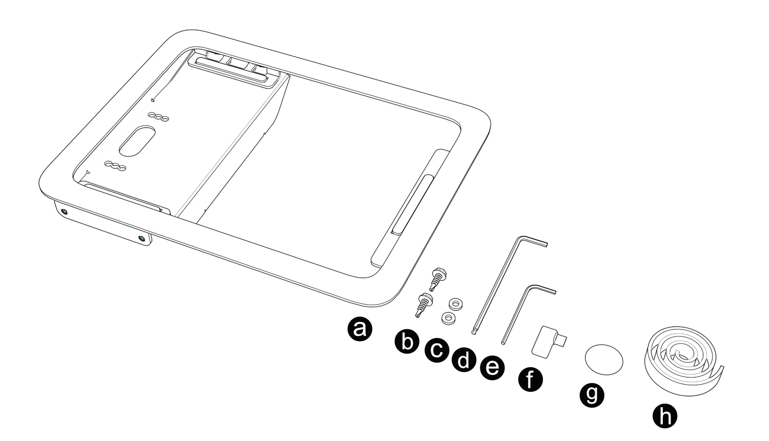 Included components labeled a–h: Front Mount, two mullion-mounting screws, two rubber washers, set-screw assembly key, enclosure assembly key, right-angle USB-C adapter, hook-and-loop dot set, and cable tie.