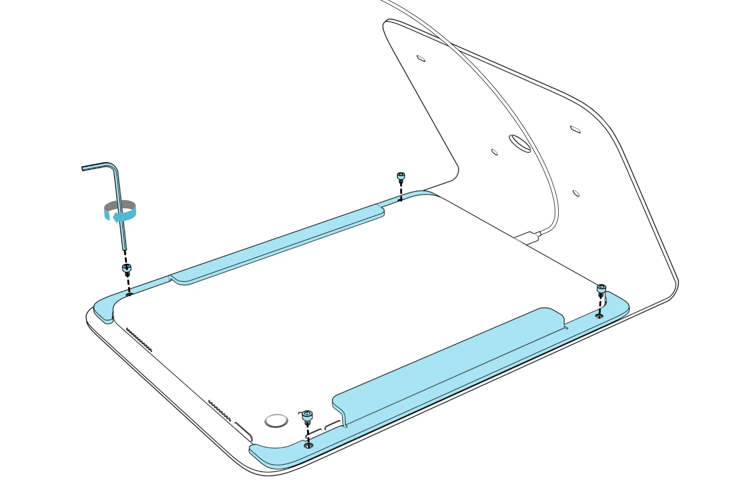 Two retaining brackets aligned over the rear of the iPad, with four screws at their ends.