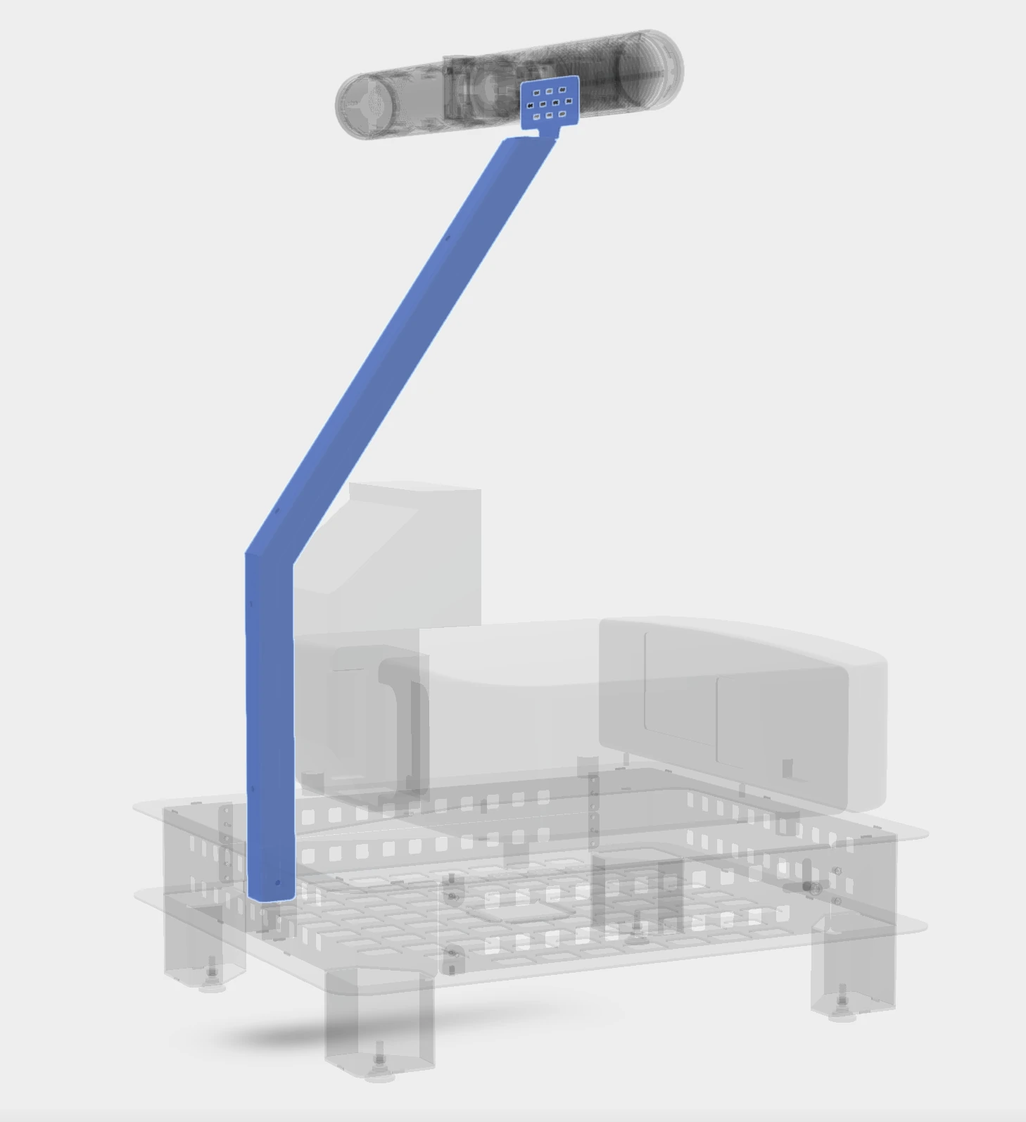 Angled neck highlighted from the stand base to the camera mounting plate, with the surrounding equipment transparent.