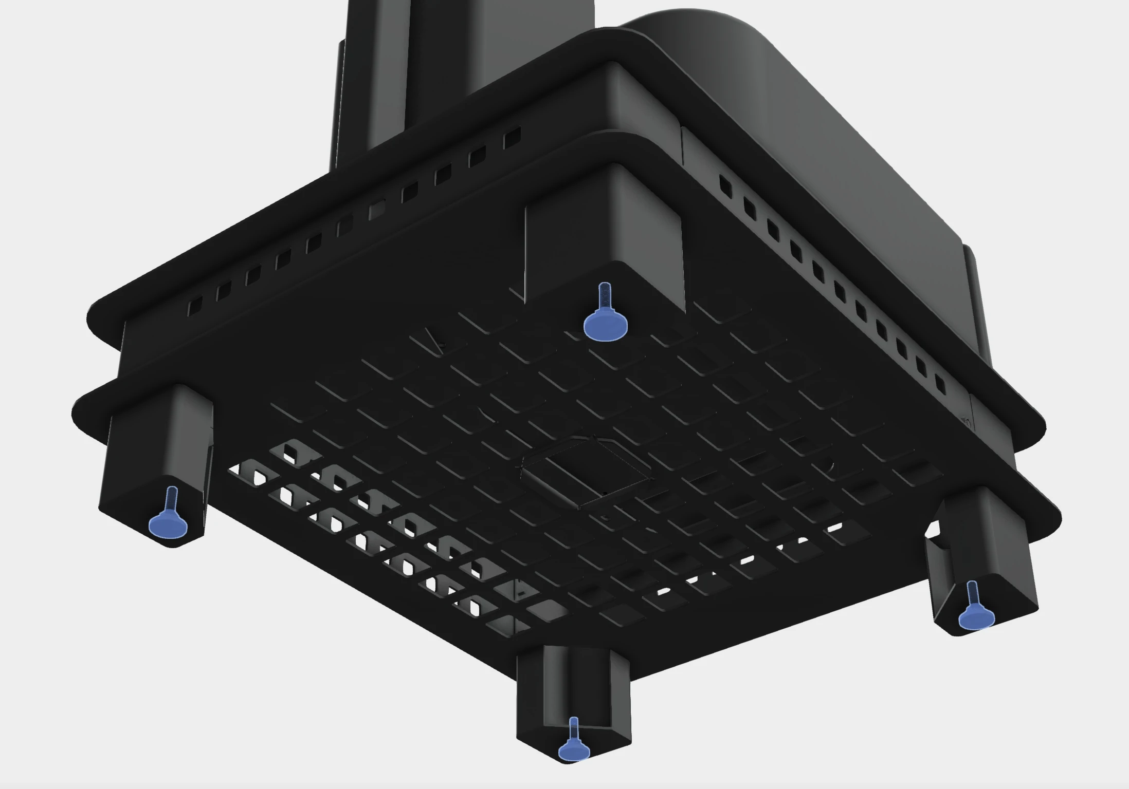 Underside of the stand with four leveling feet highlighted beneath its legs.