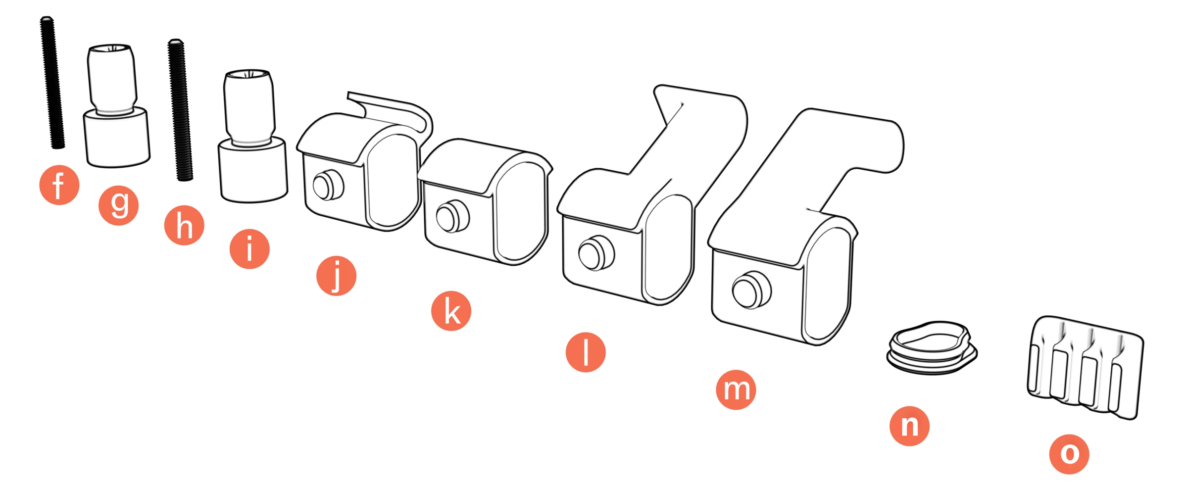 Small hardware labeled f through o, including display screws and anchors, beam cable hooks and plugs, left and right cord-wrap hooks, column plugs, and cable managers.