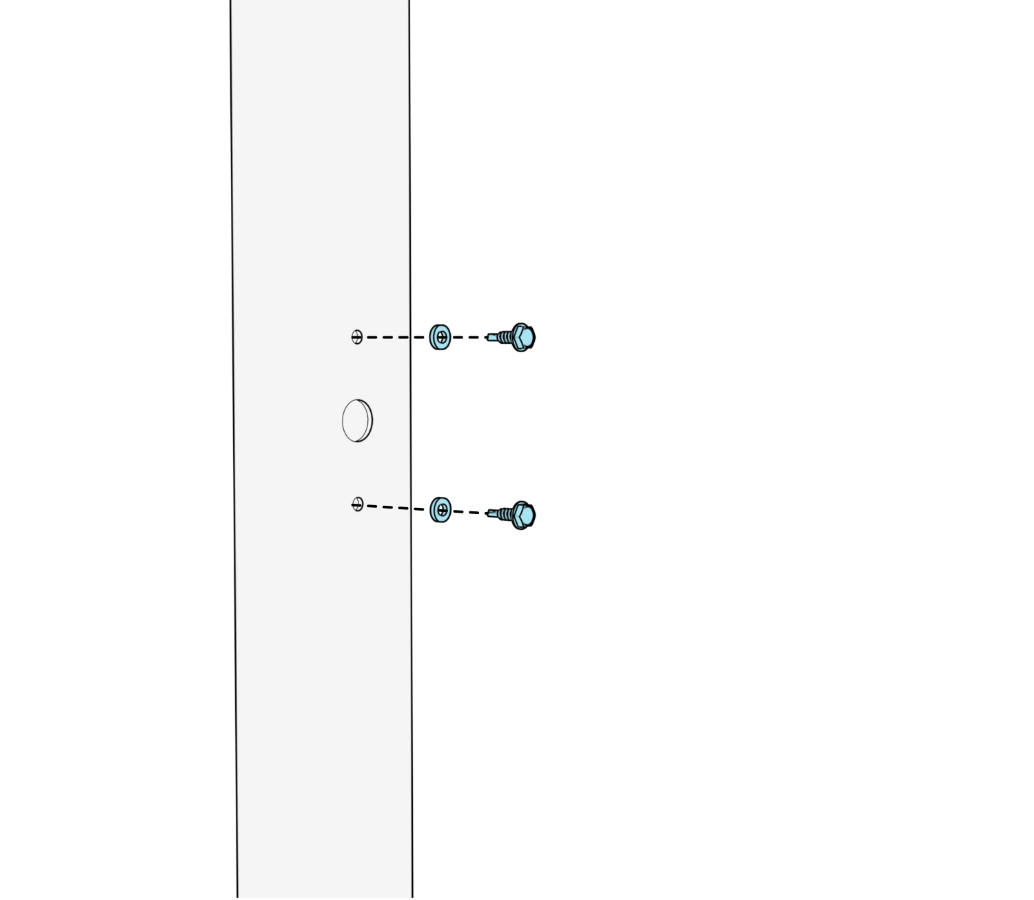 Two mounting screws and rubber washers aligned with the mullion holes above and below the center cable opening.