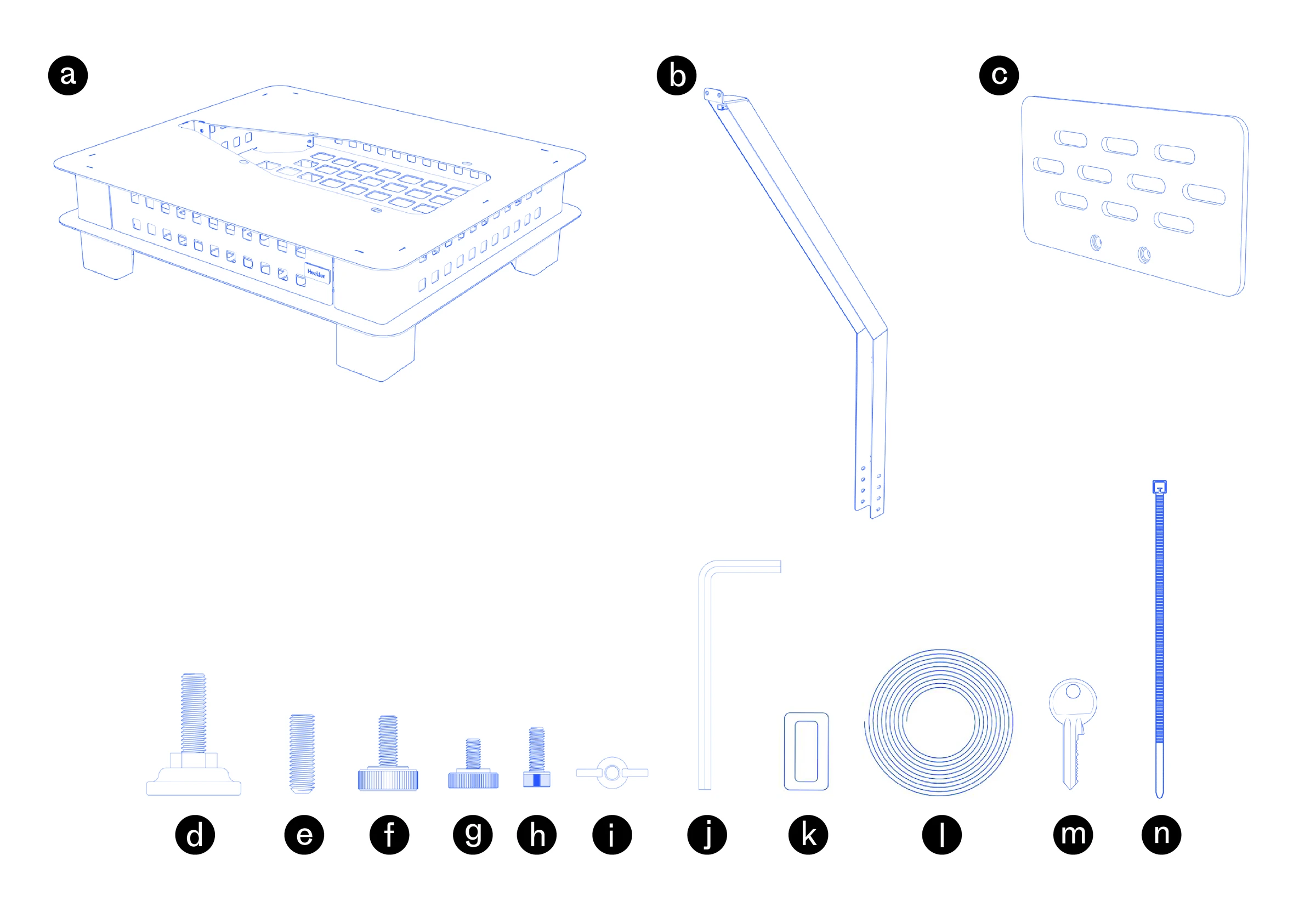 Parts diagram labeled a–n showing the base, neck, camera plate, leveling feet and spikes, screws, hex key, buckles, strap roll, lock key, and cable tie.
