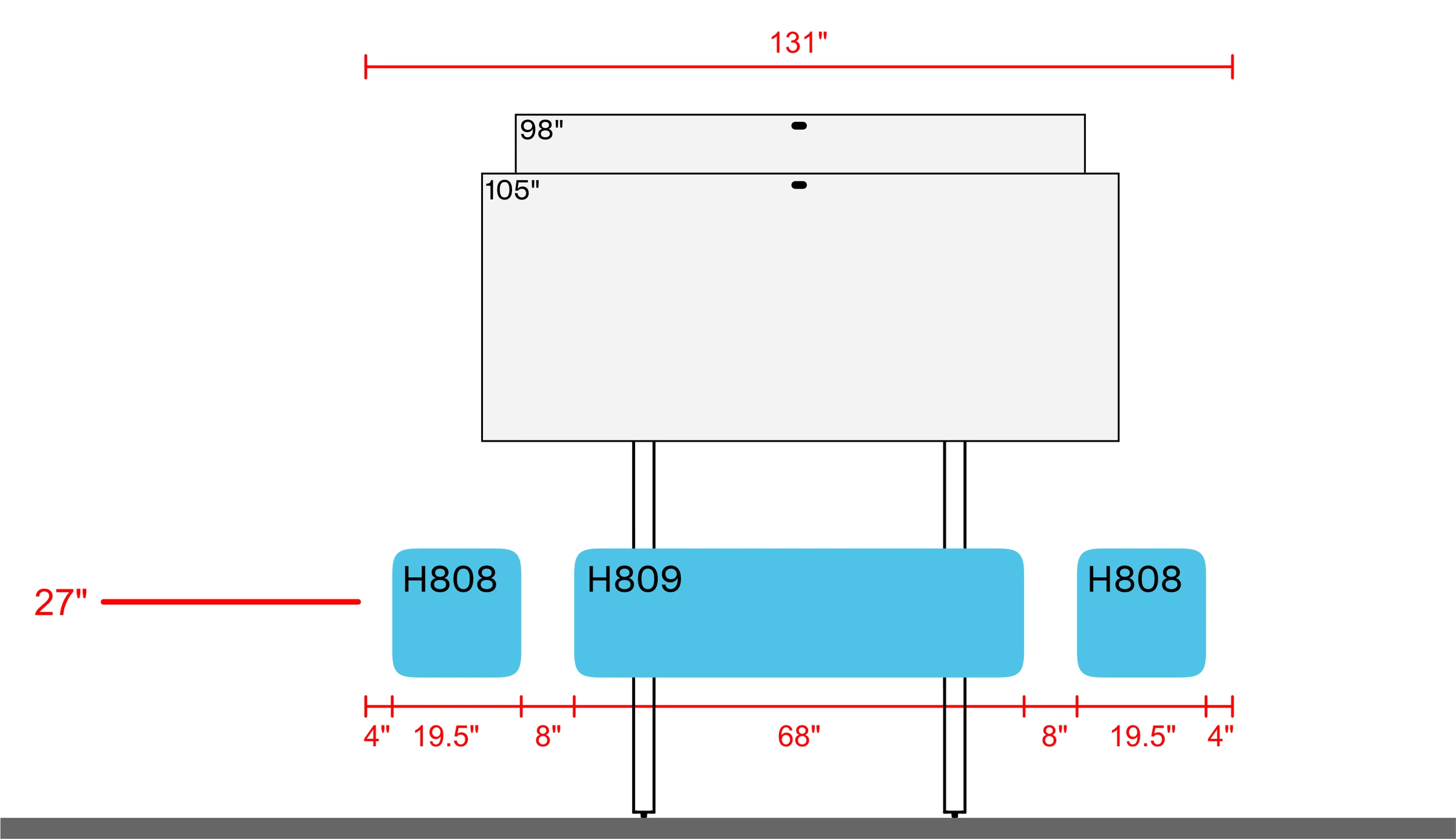 Large single-display examples on H800 AV Wall above H809 and one H808 pair, with a 131-inch layout width. The 27-inch mounting reference, panel widths, and spacing dimensions are shown.