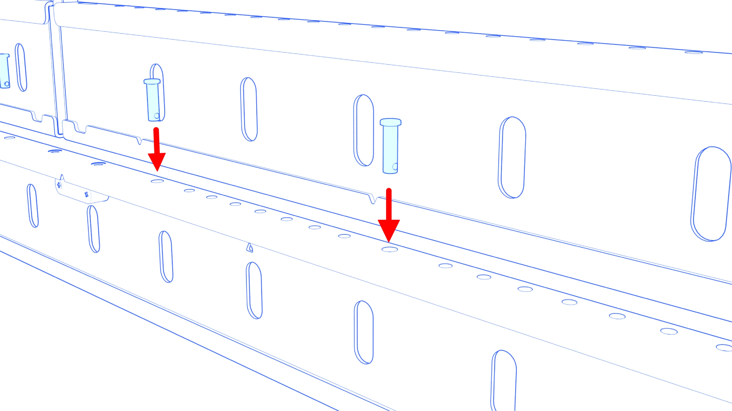 Two safety pins aligned with the bar and beam holes.