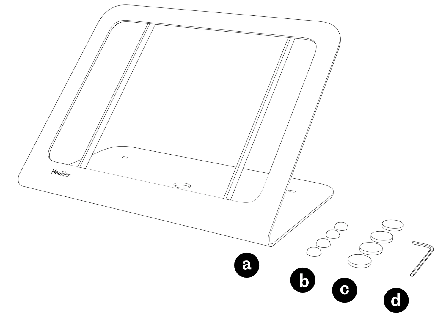 Included components labeled a–d: WindFall Stand, four domed friction feet, four flat felt feet, and an L-shaped assembly key.
