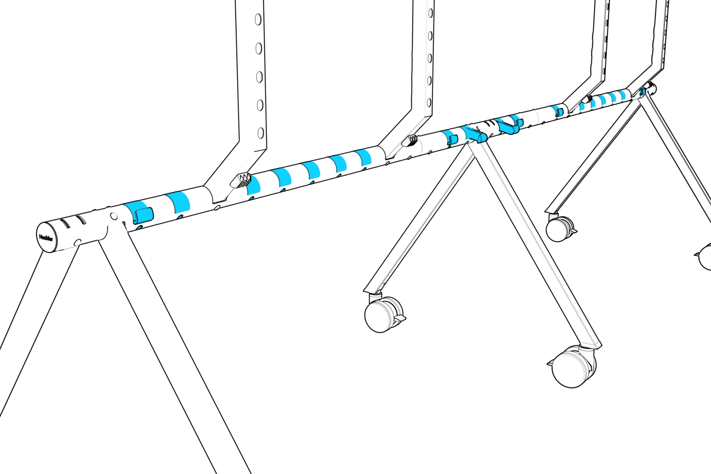 Cable guides, beam plugs, and cord-wrap hooks installed in the beam.