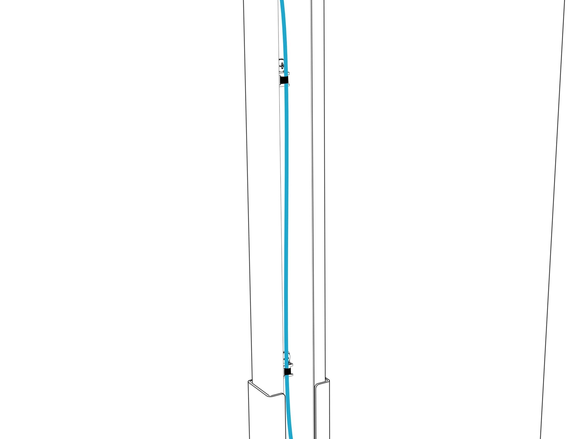 Cable ties securing a cable inside the upright.