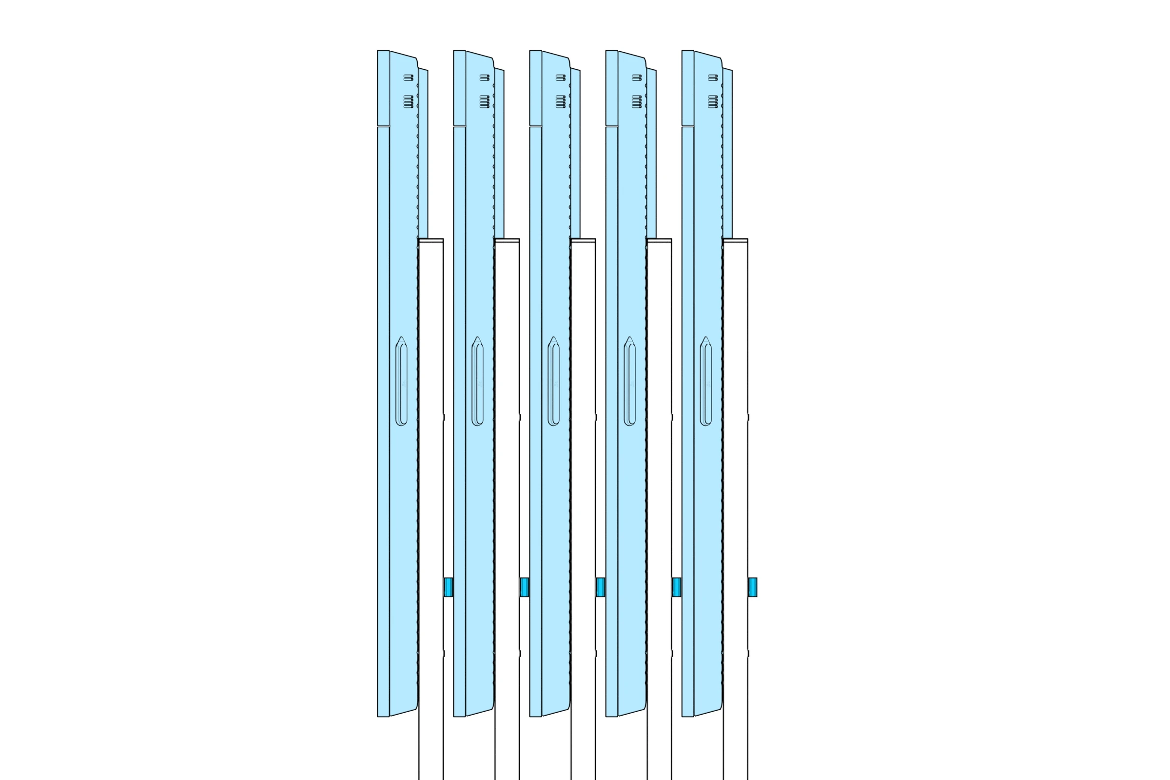 Side view of nested stands showing the cable-manager spacers between them.