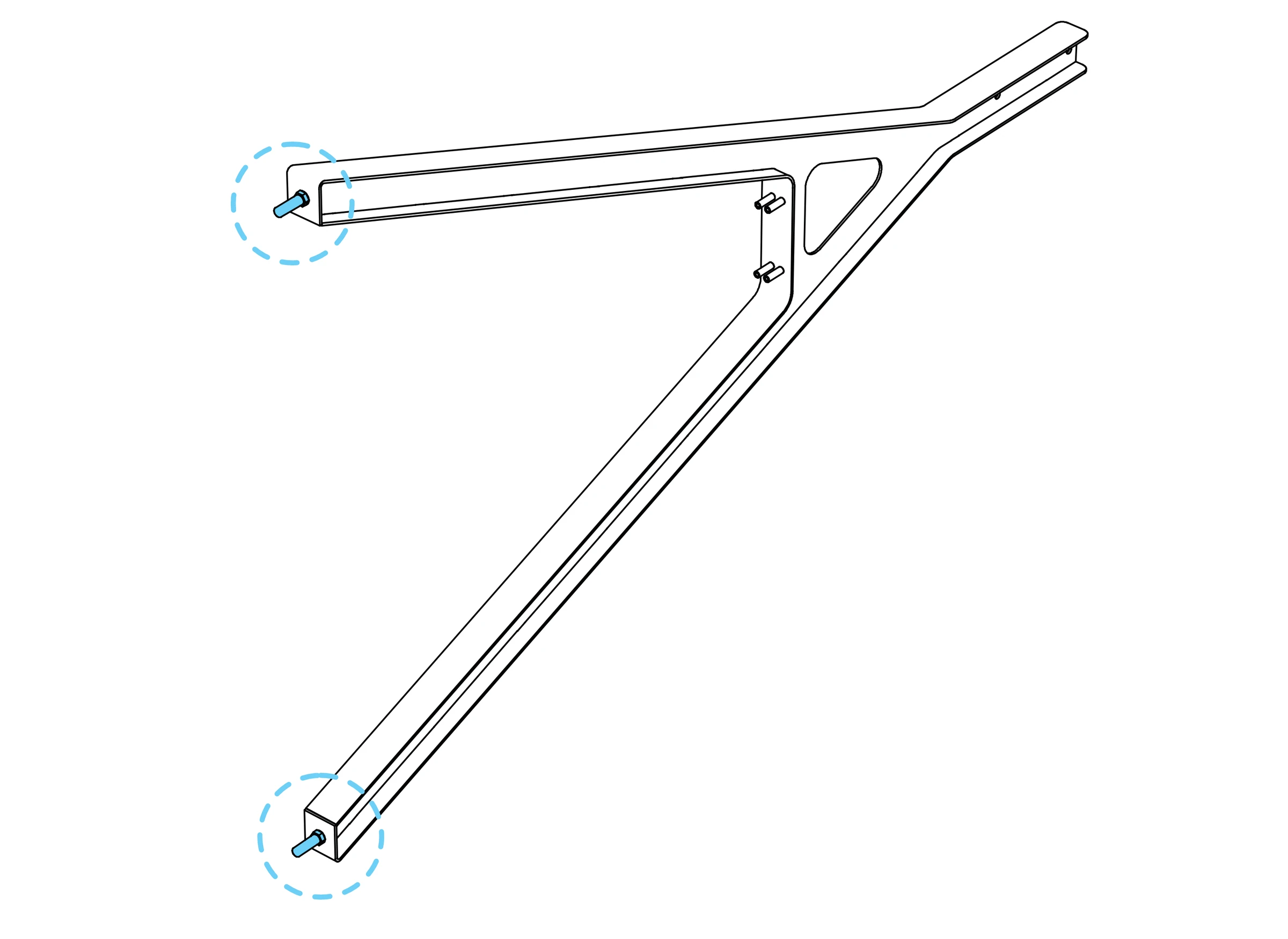 Leg with the pre-installed caster-post locations circled at both lower ends.