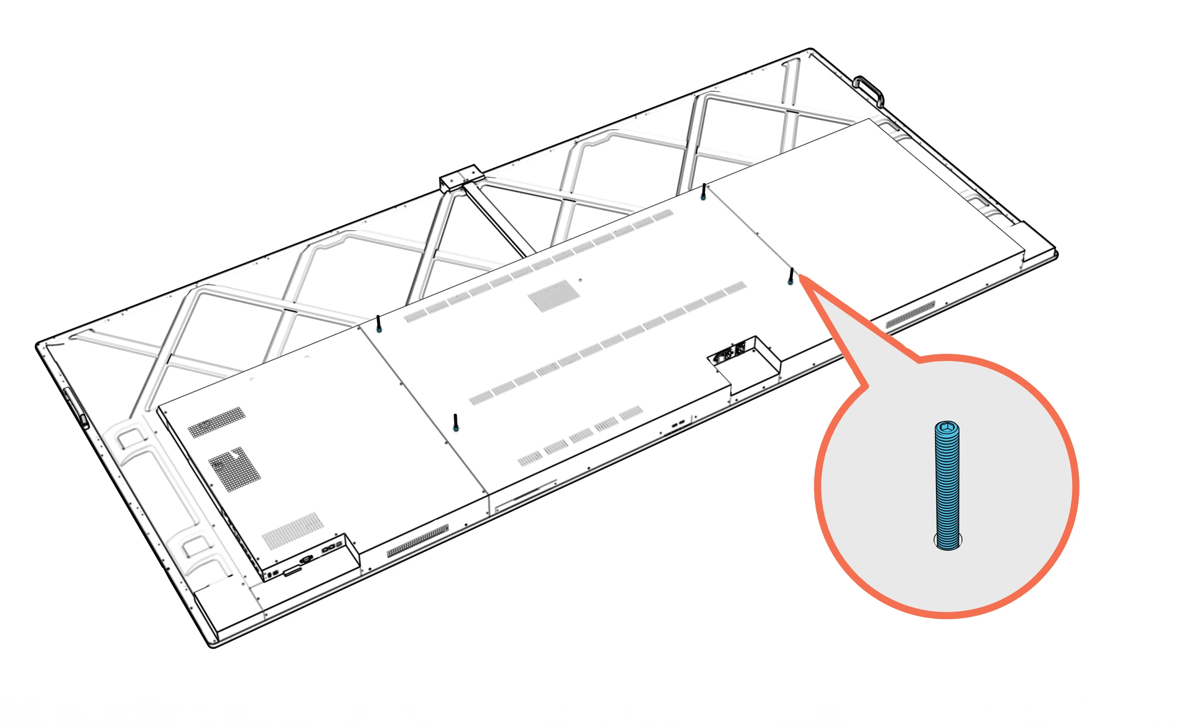 Rear of a large display with four M8 set screws installed, one enlarged.