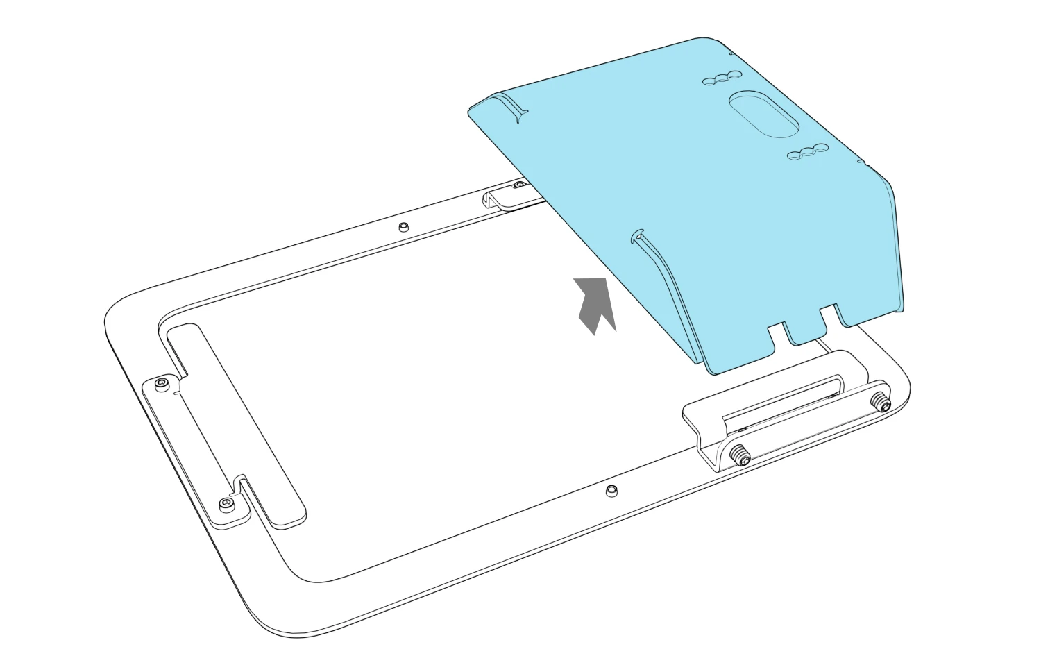 Pocket lifted away from the enclosure brackets, with an arrow indicating separation and both set screws retained in the bottom bracket.