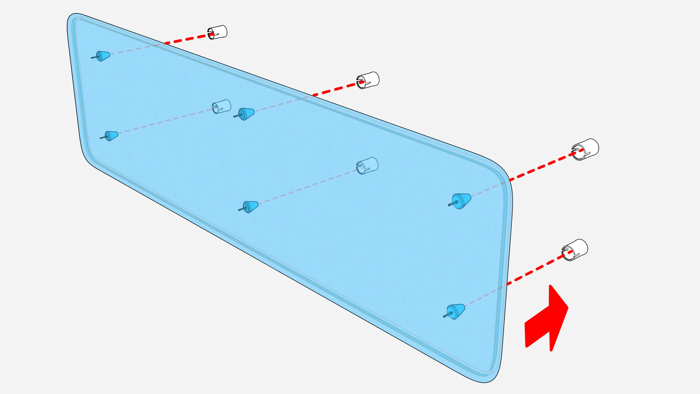 Panel with 6 conical anchors aligned to the matching wall cups and an arrow showing the panel pressed toward the wall.