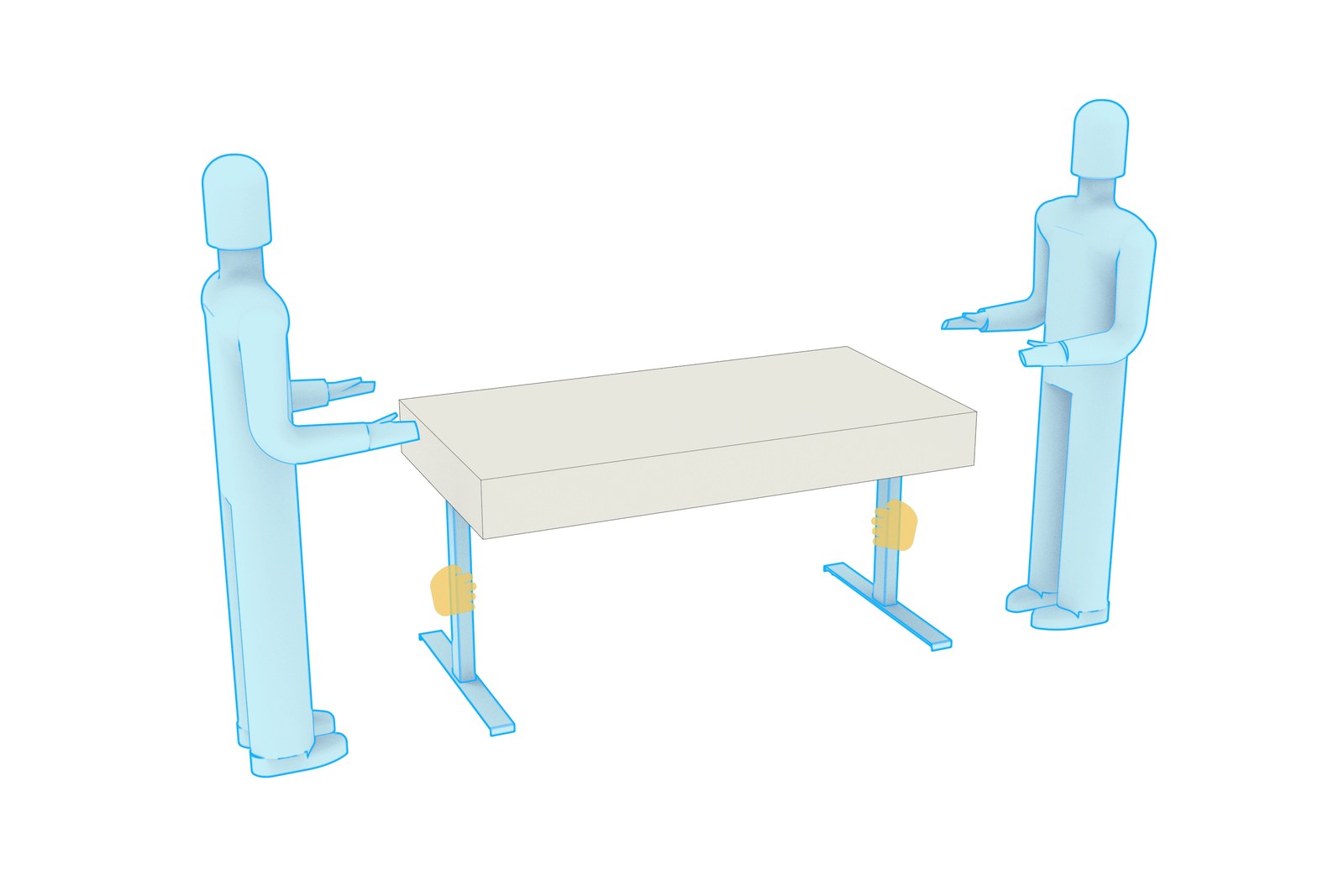 Animation showing highlighted hand positions as two people bring the lectern upright with the carton bottom in place.