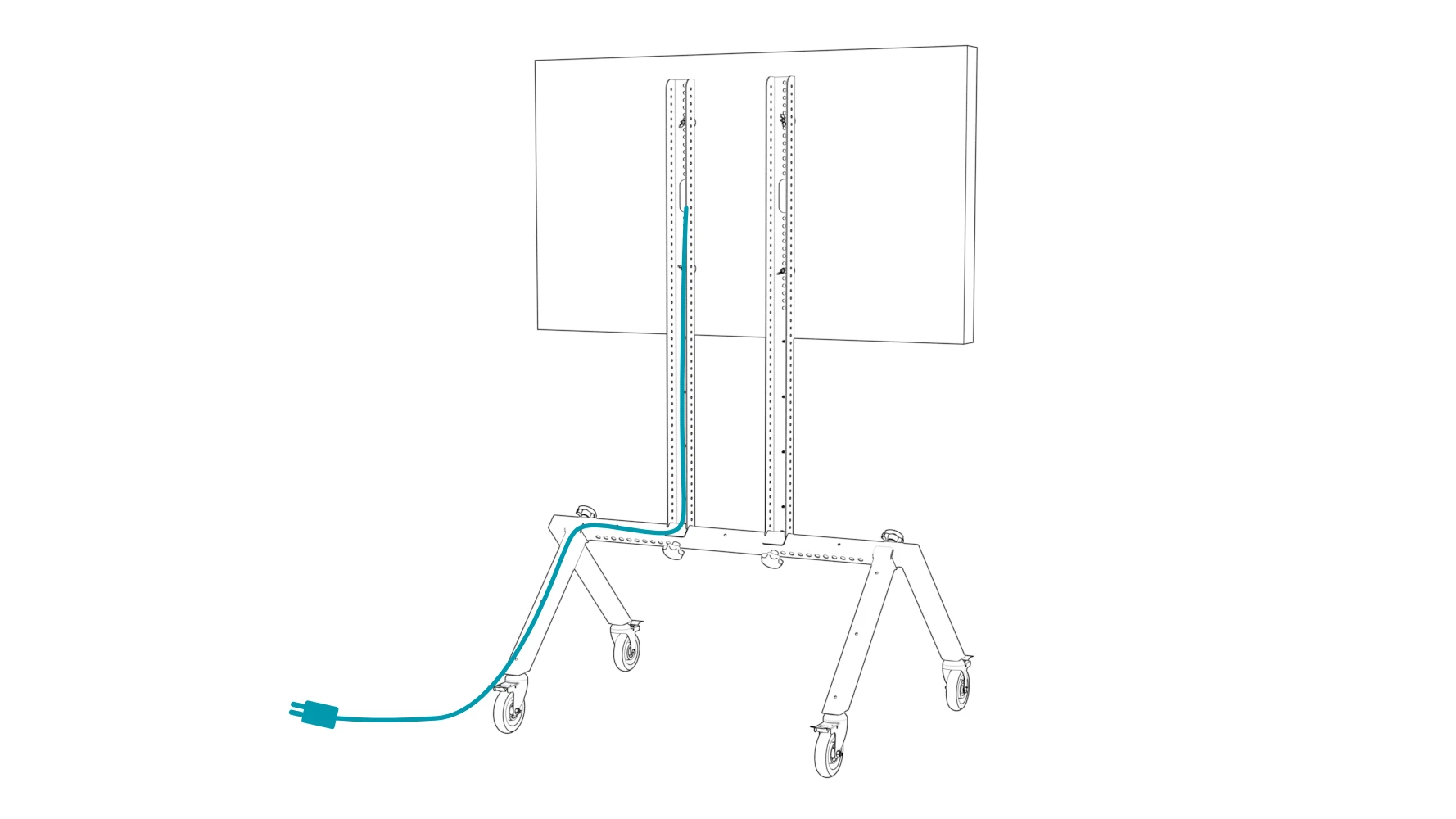 Cable path from the rear of the display down a rail, across the base, and down a rear leg to the floor.