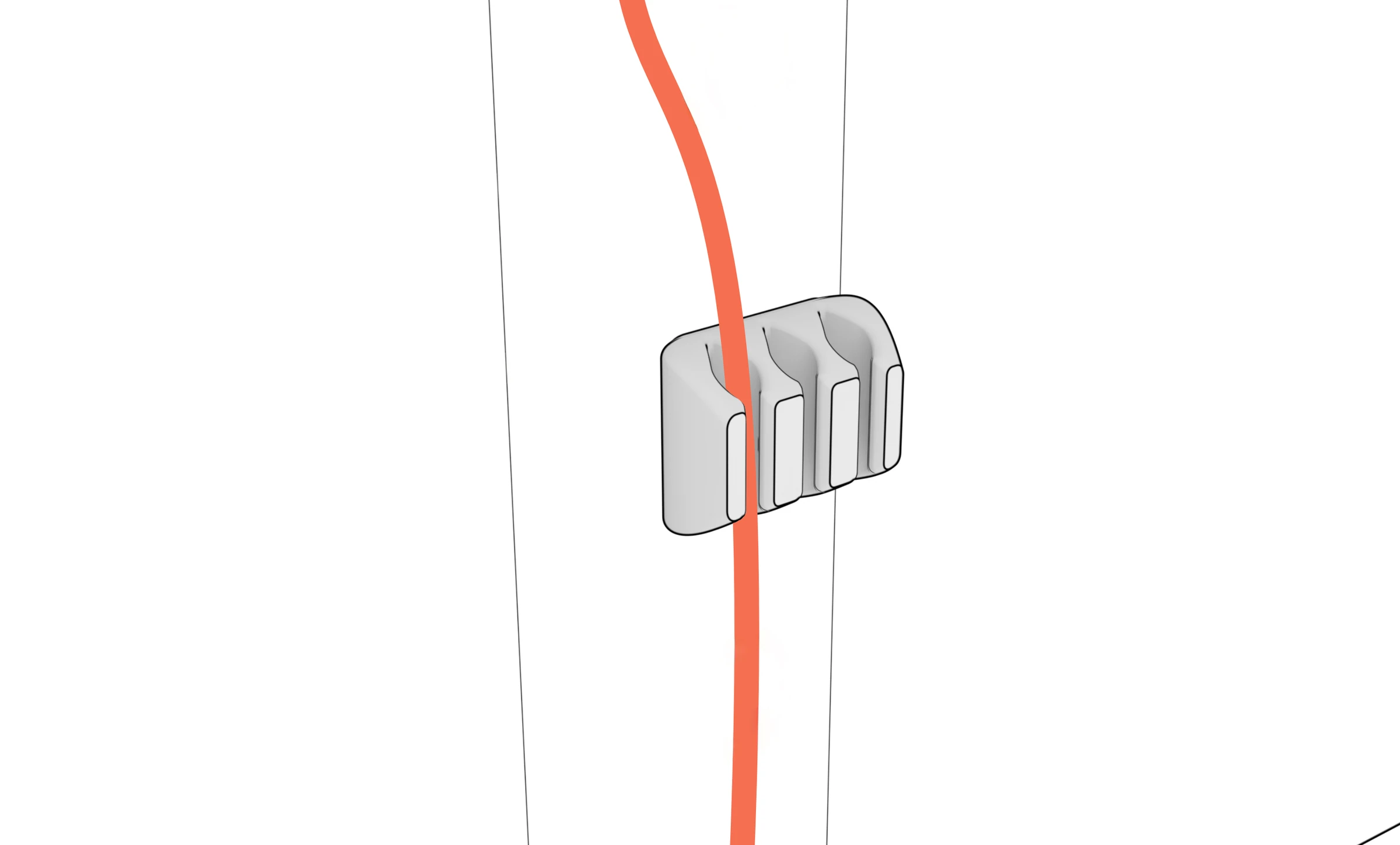 Close-up of a cable held in a rectangular cable manager.