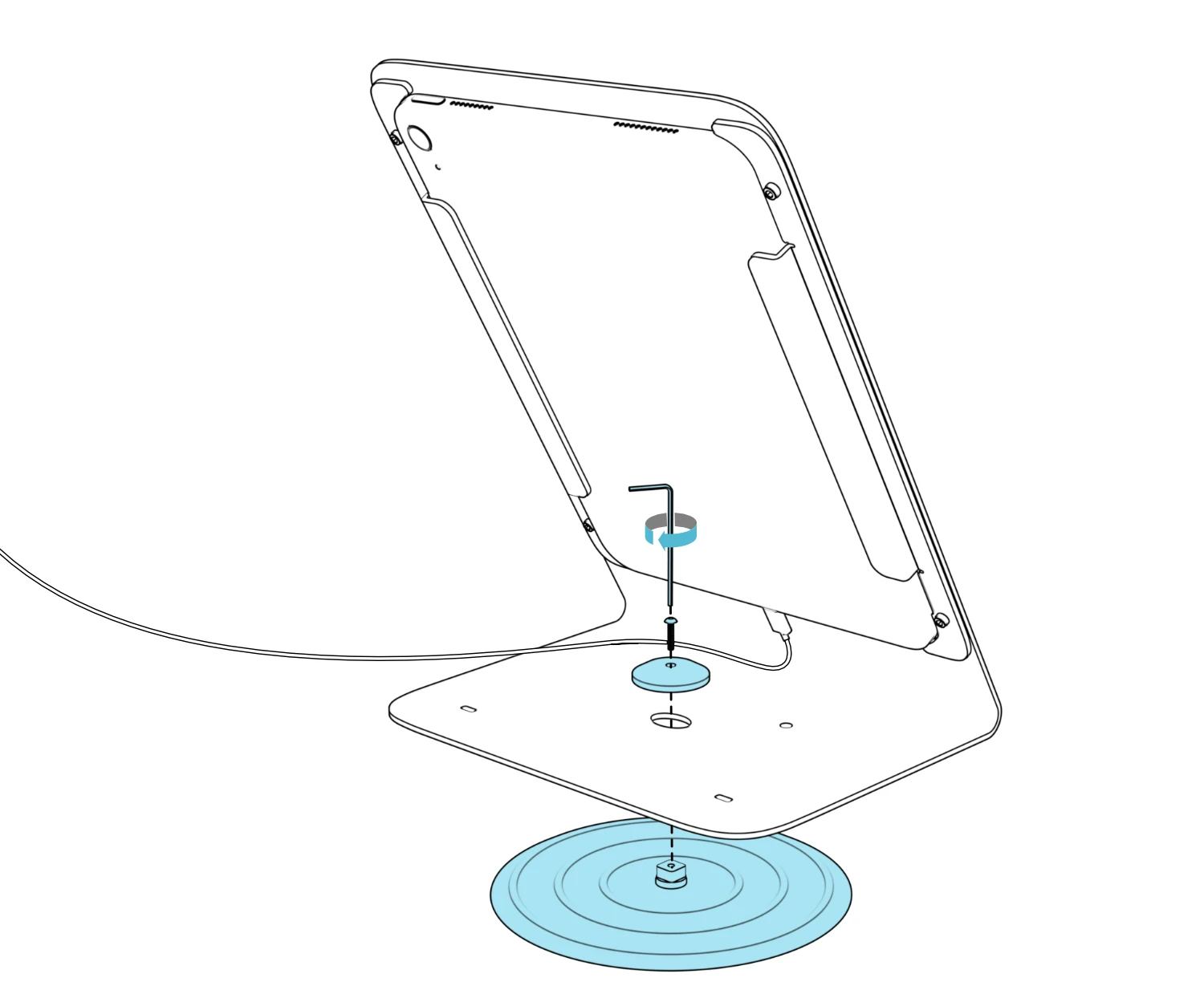 Exploded view of the PivotTable disc below the stand base and its head and screw above the central opening.