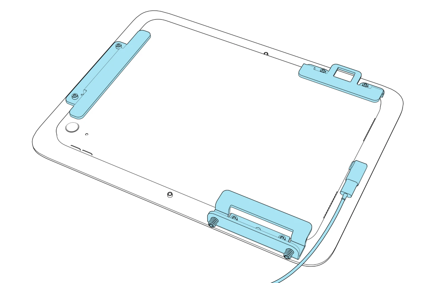 Rear view of the iPad secured by the top, bottom, and side brackets, with the right-angle USB-C adapter and charging cable connected.