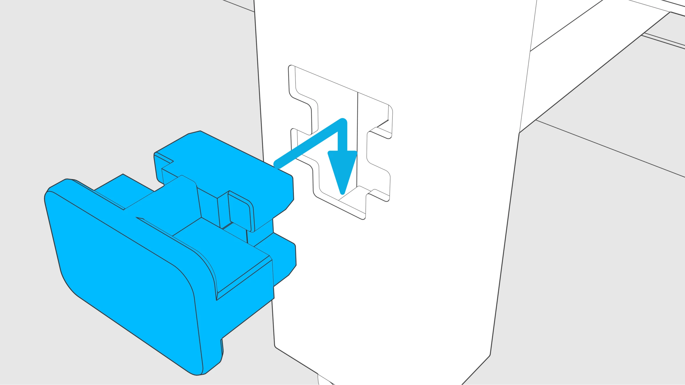 Front panel support aligned with the keyed opening in a leg; an arrow turns downward to show the seated position.