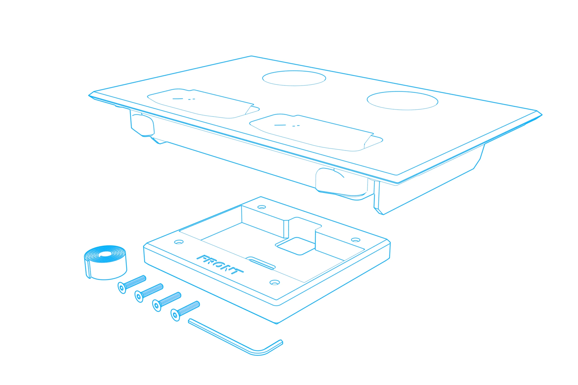 Included console trim with four openings, charger base, adhesive hook-and-loop strap, screws, and hex key.