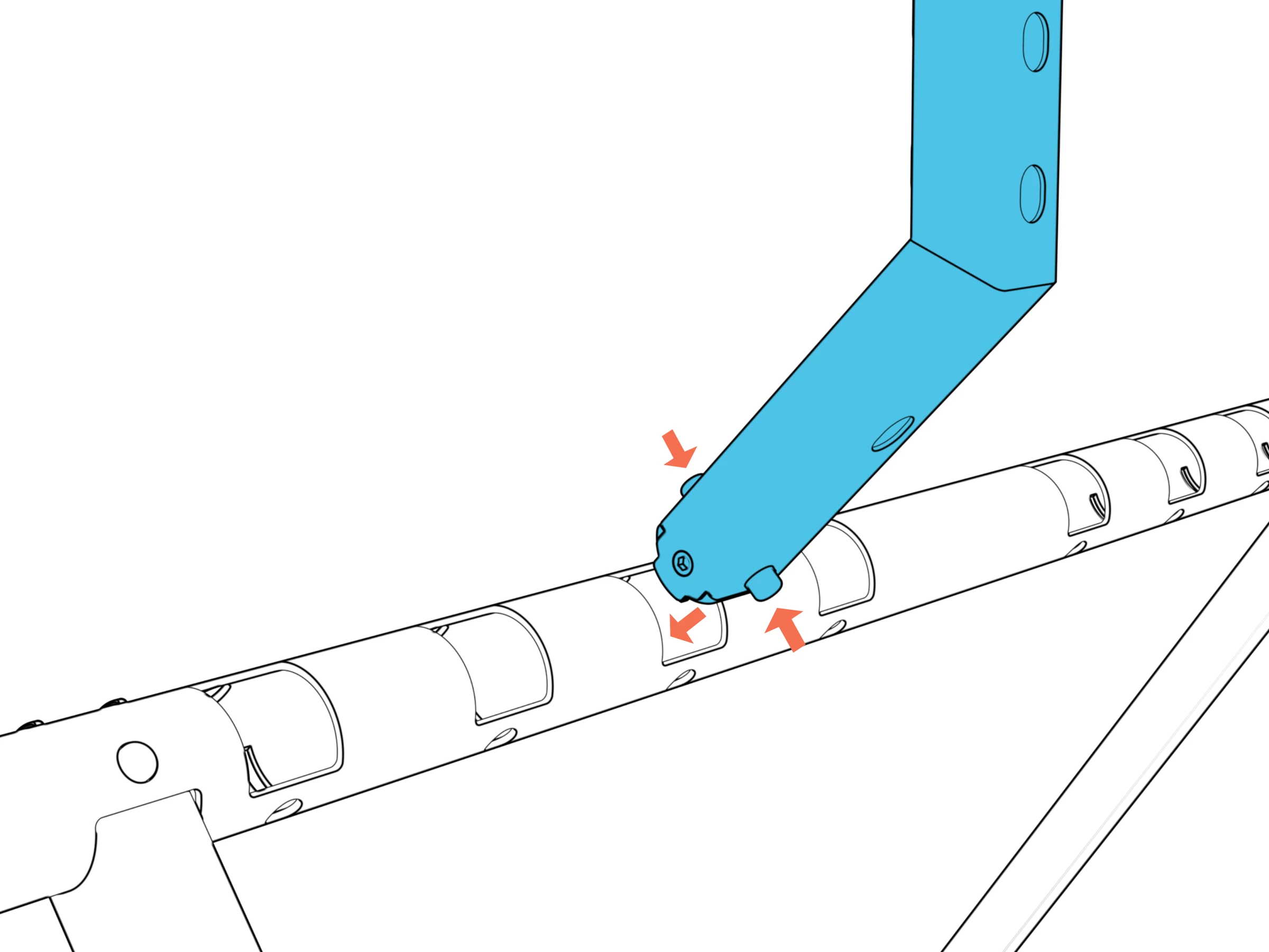 Both column spring buttons being pressed inward as the column enters the beam socket.