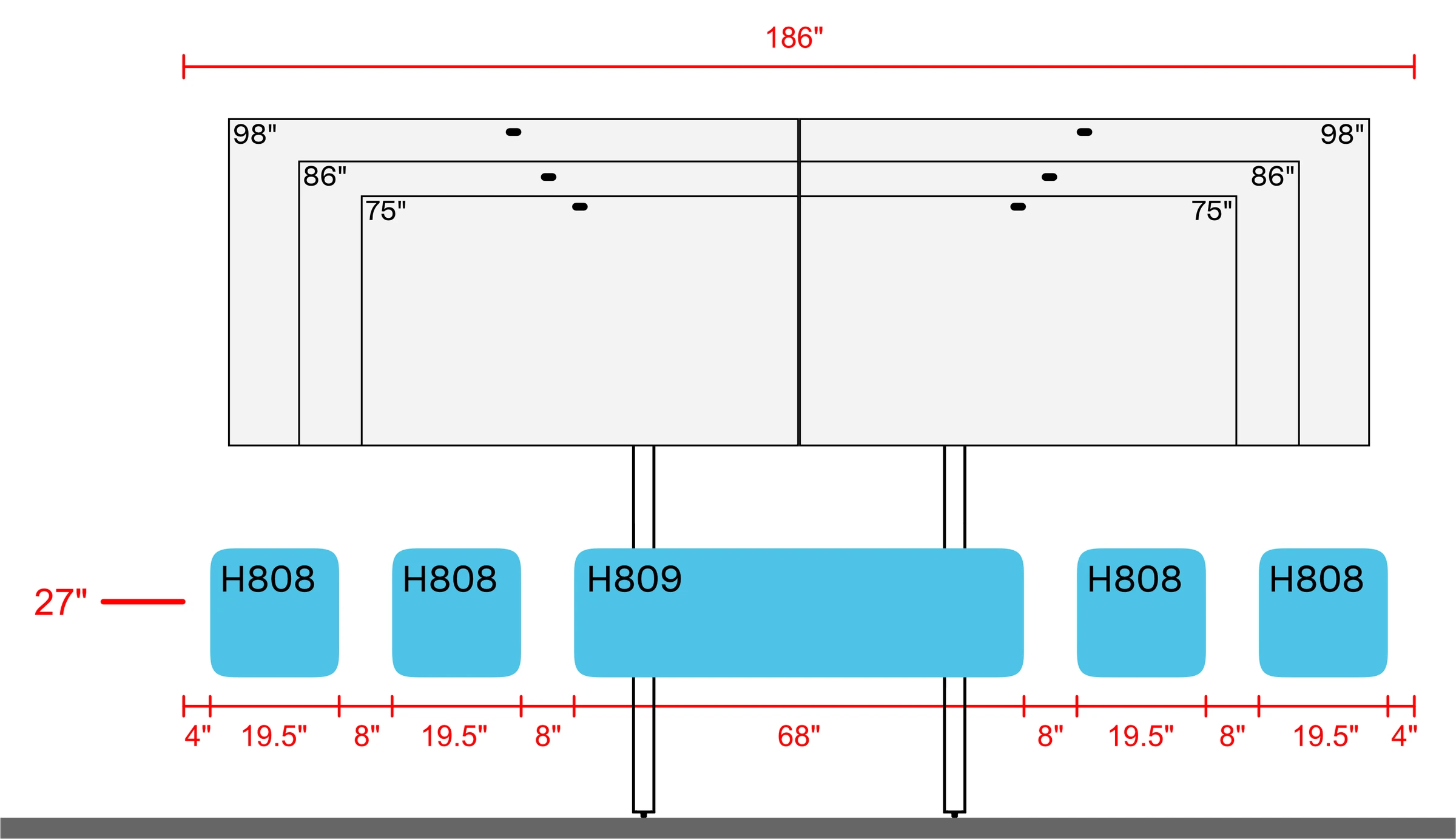Wider dual-display examples on H800 AV Wall above H809 and two H808 pairs, with a 186-inch layout width. The 27-inch mounting reference, panel widths, and spacing dimensions are shown.