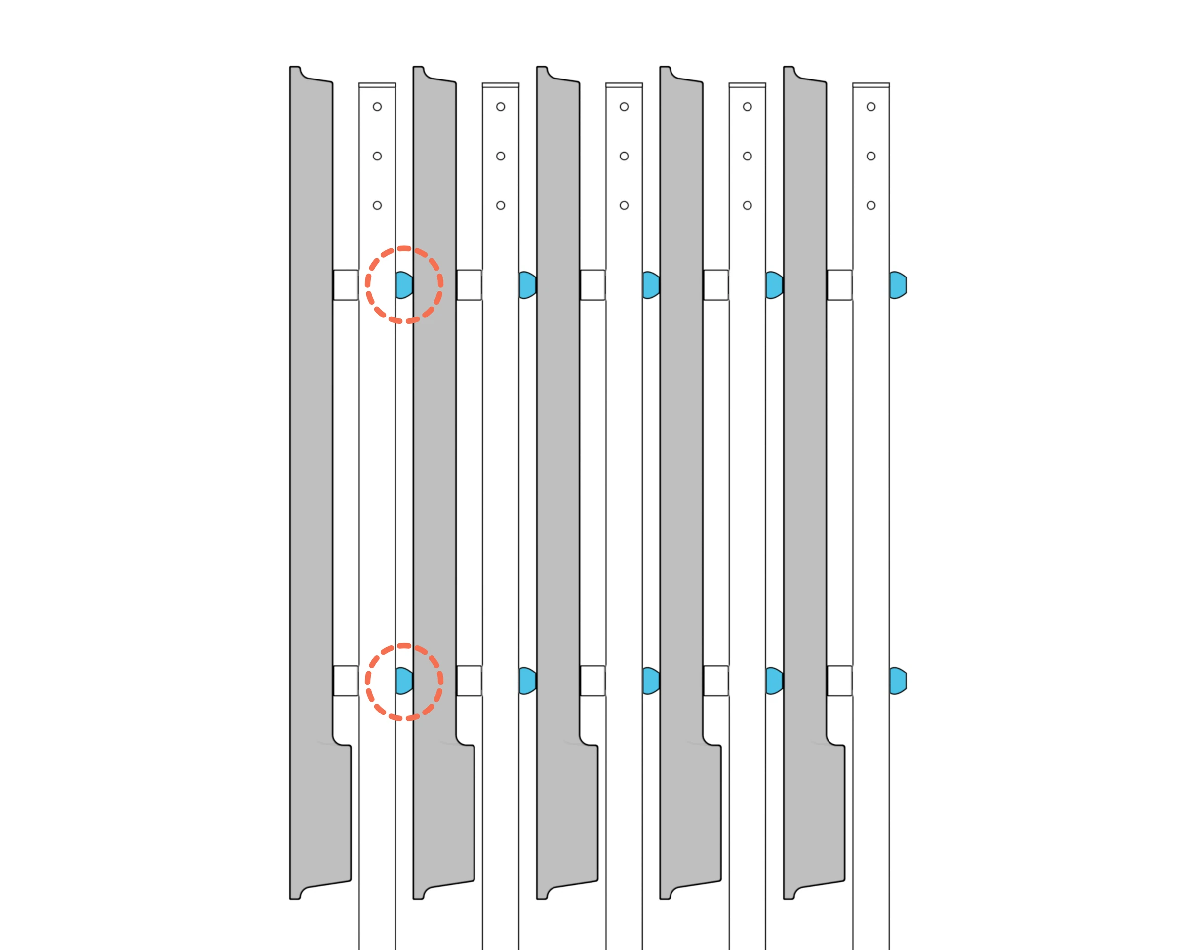 Side view of nested displays with the cable-manager contact points circled.