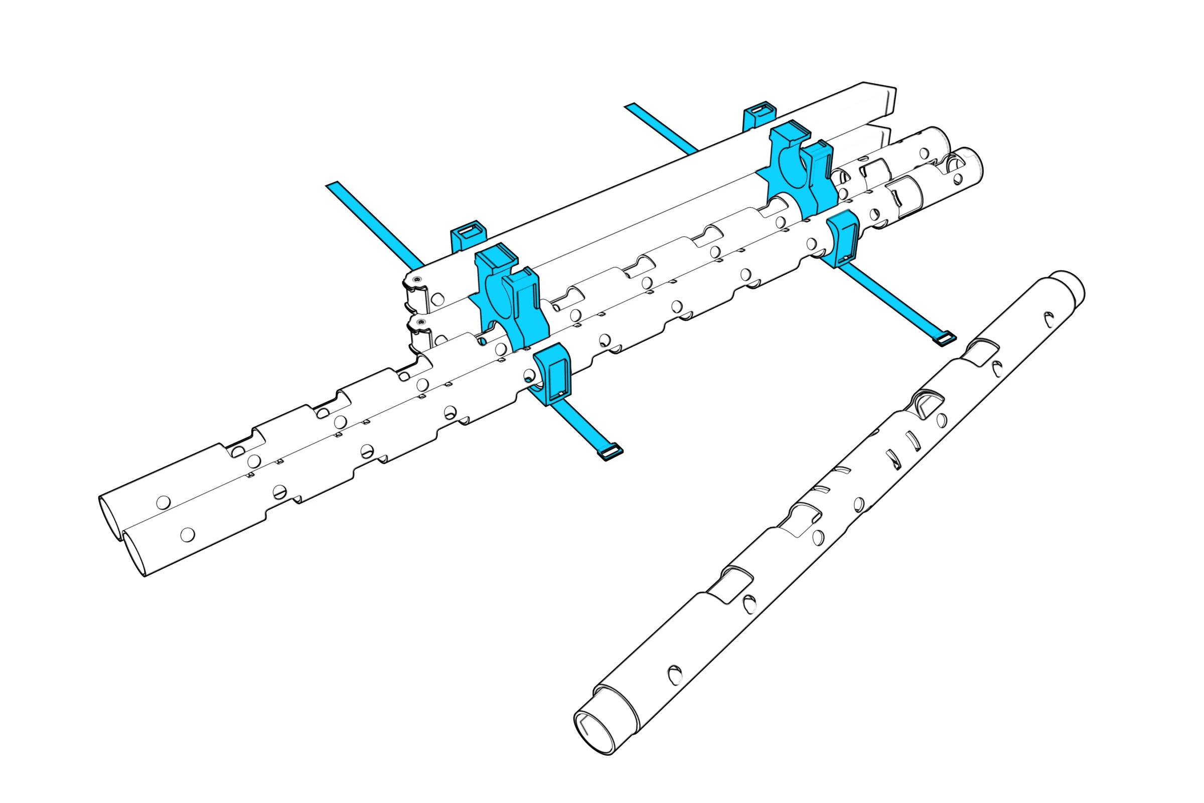 Packed stand with straps released and the components held in storage rings.