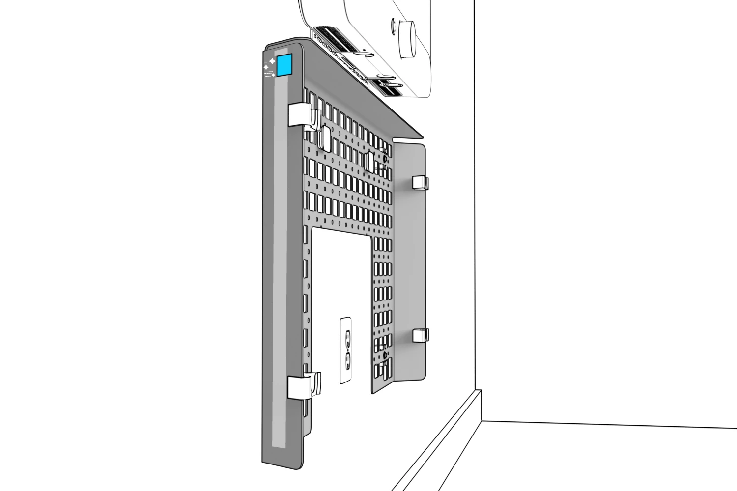 Alcohol wipe on the rear-left edge of the Credenza Neo chassis.