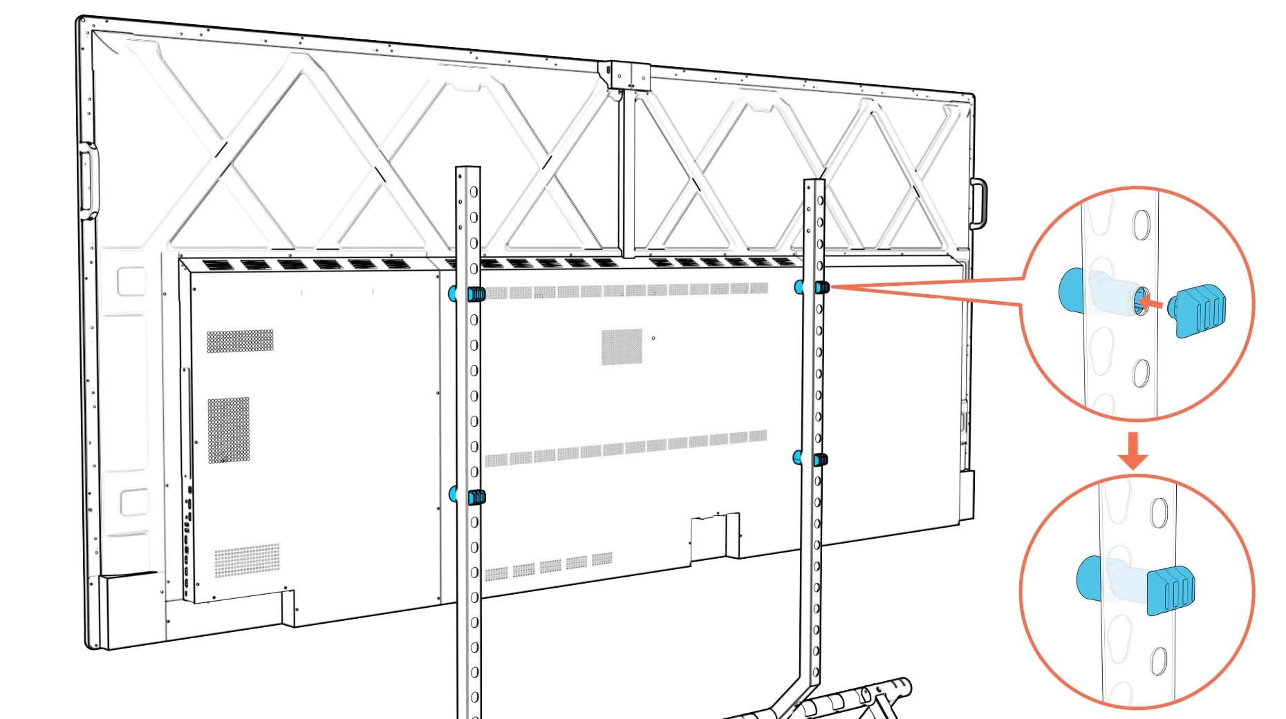 Four cable managers securing the display anchors from the rear of the columns, with an insertion close-up.
