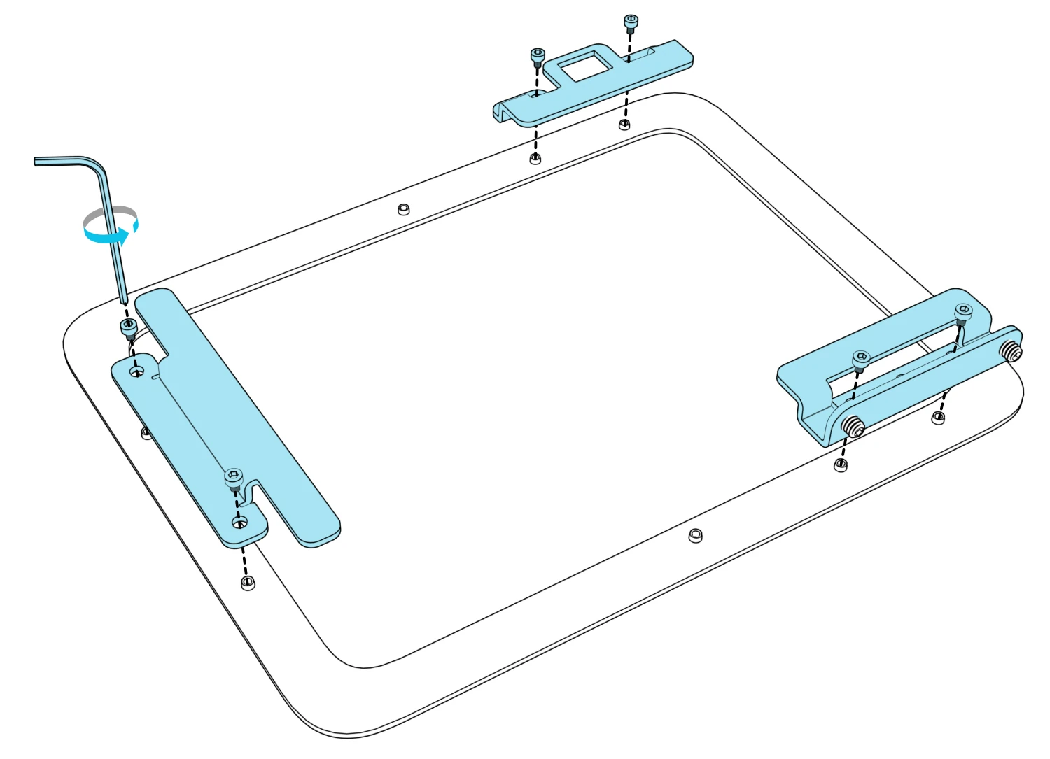 Exploded rear view showing the top, bottom, and side enclosure brackets, their screws, and a hex key aligned with one bracket screw.