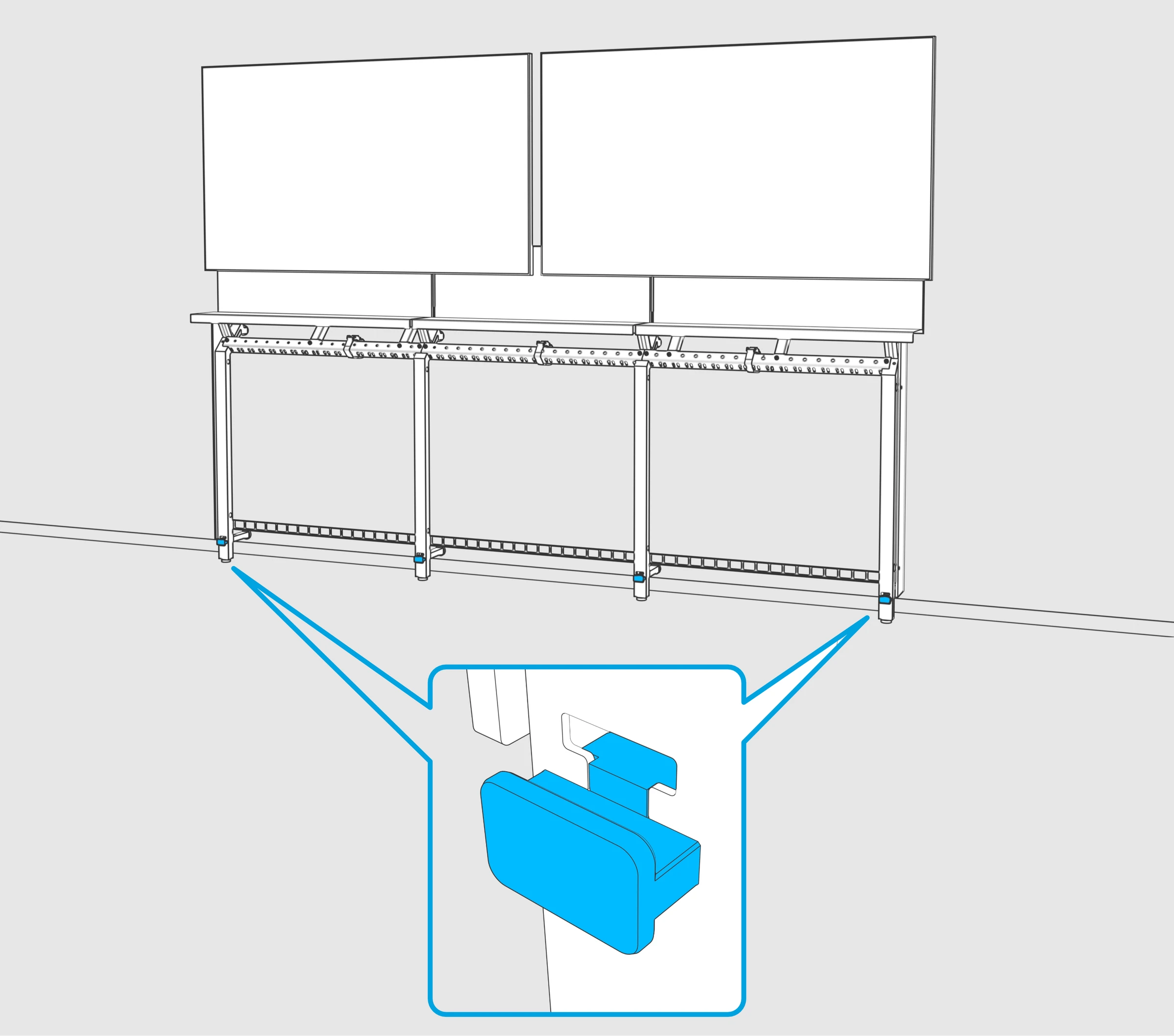 Framework outer legs highlighted, with the front panel support shown in the downward-divider orientation.