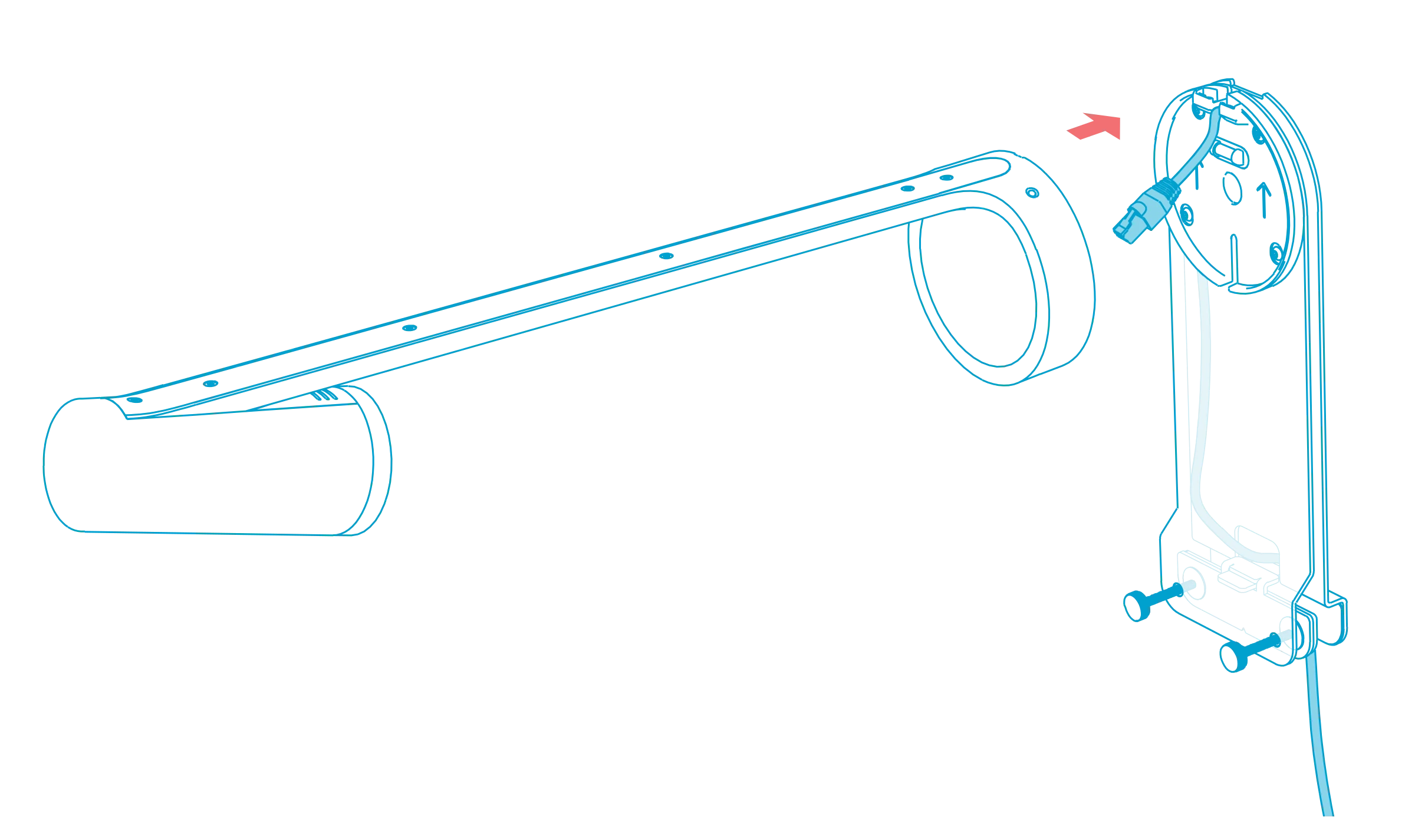 Scribe camera arm aligned with the circular mounting bracket, with the cable plug beside the bracket and an arrow toward the mount.
