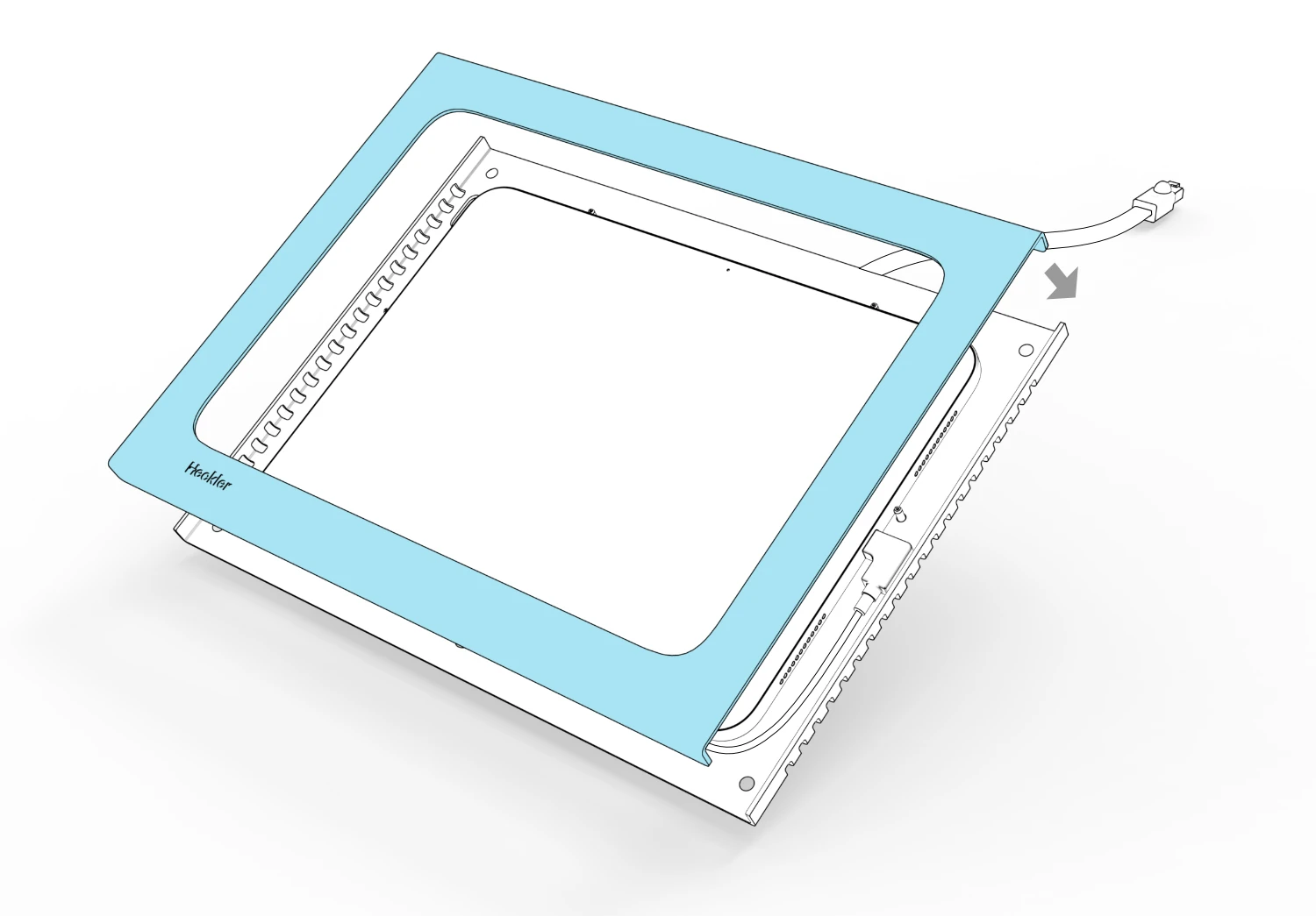 Front bezel positioned above the installed iPad, with a downward arrow indicating placement onto the console.
