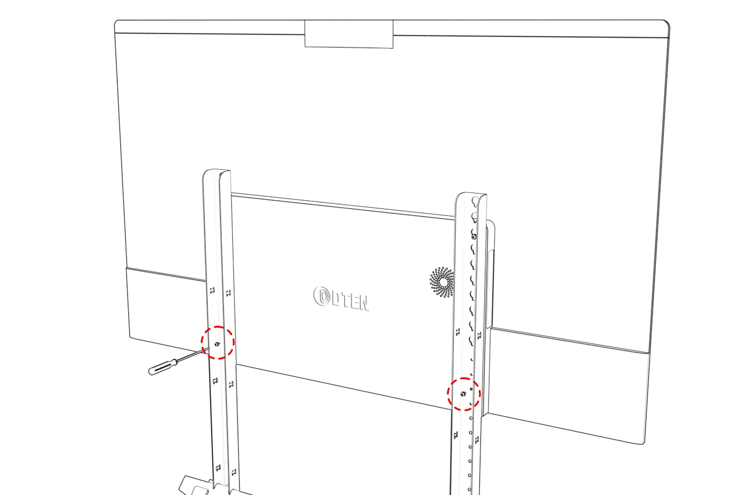 Lower display mounting screws being fastened through the rails with a Phillips screwdriver.