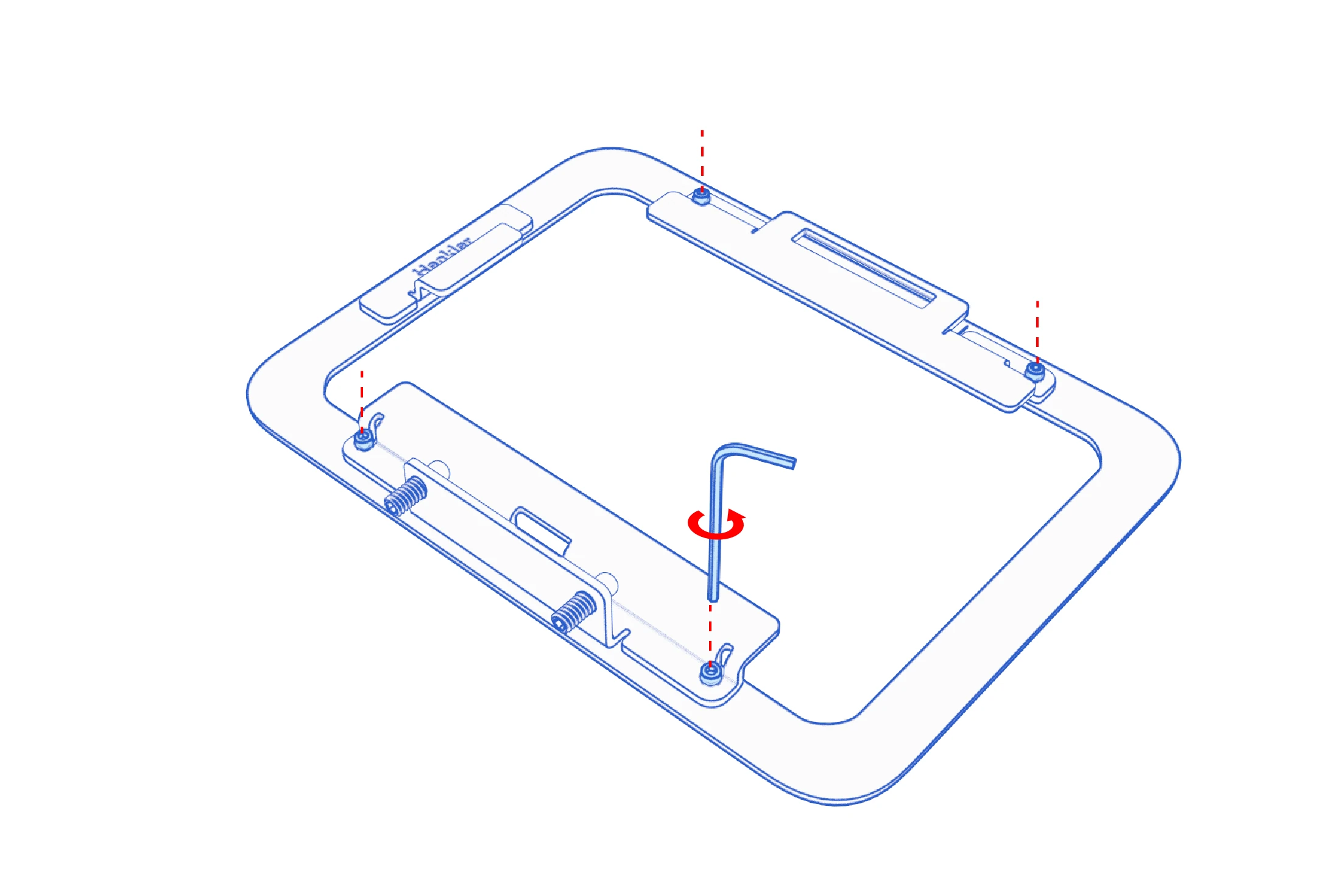 Rear view of the tablet enclosure, with four bracket screws indicated and an assembly key at one screw.