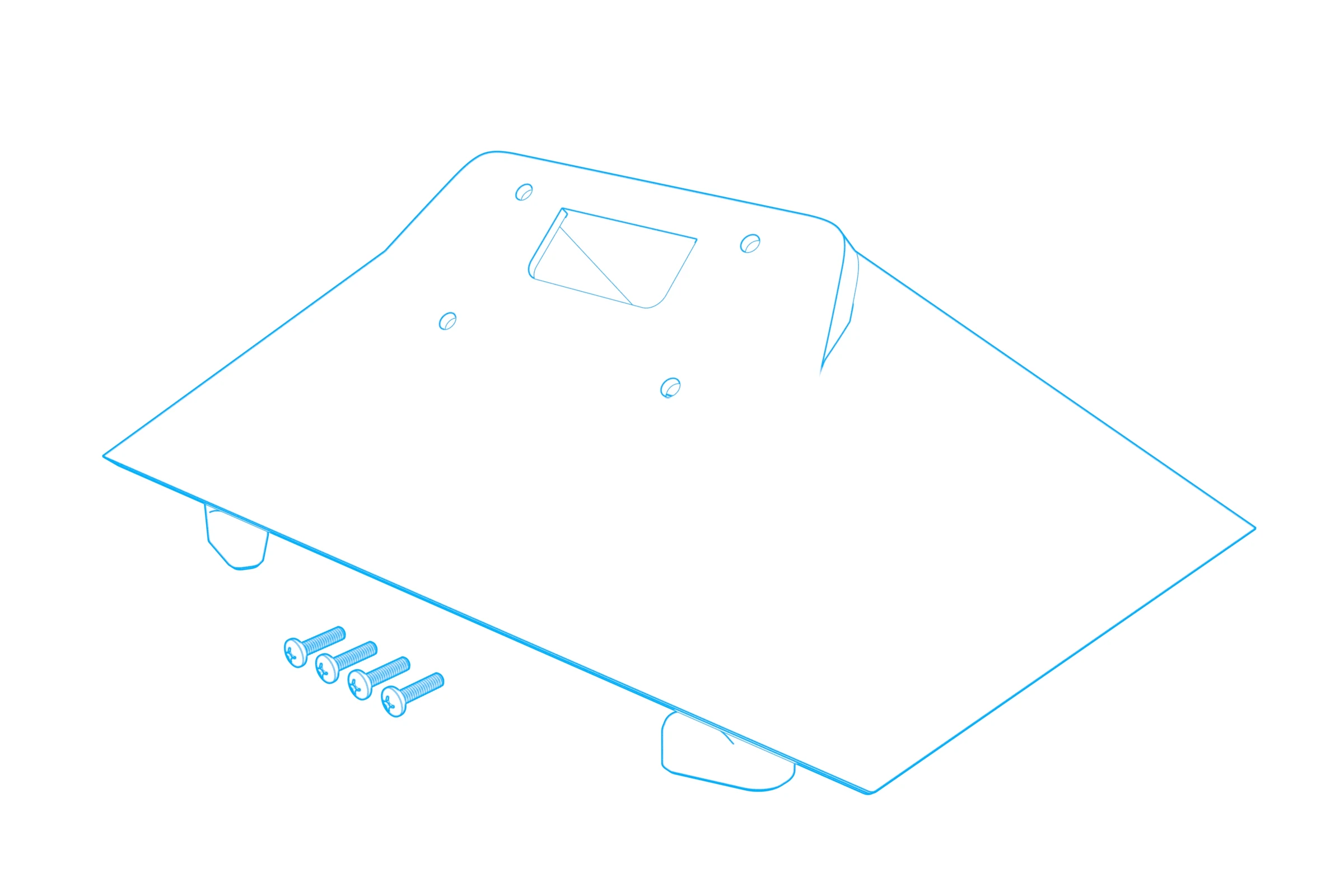 Console insert with four mounting holes, a central cable cutout, and four mounting screws.