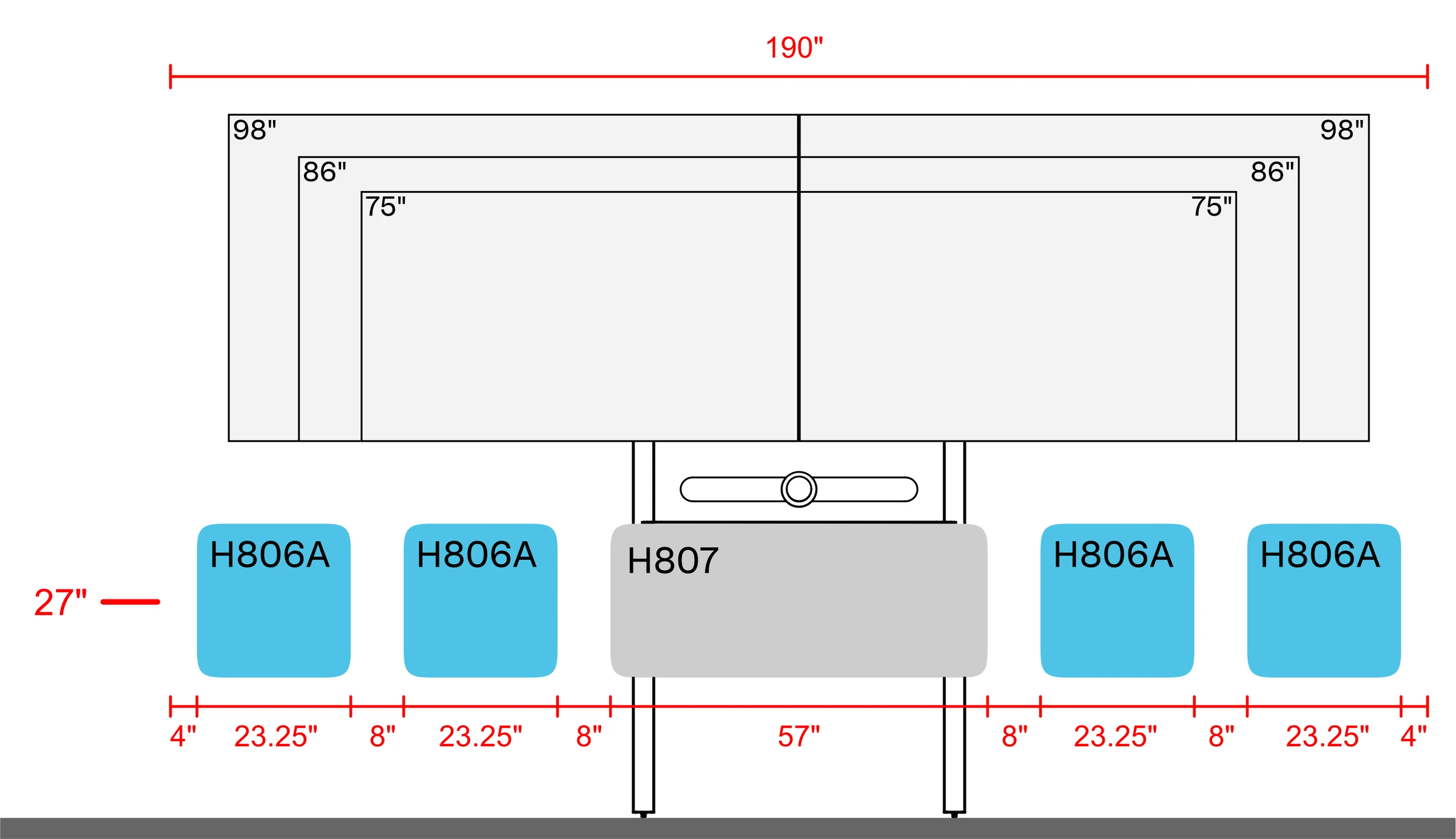 Wider dual-display examples on H800 AV Wall above H807 and two H806A pairs, with a 190-inch layout width. The 27-inch mounting reference, panel widths, and spacing dimensions are shown.