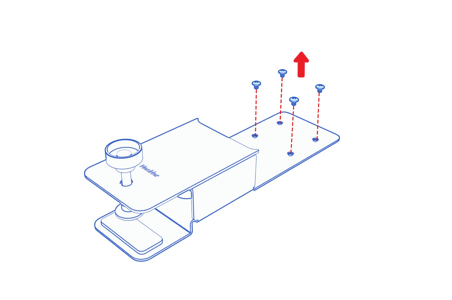 Animation of four screws lifting out of the camera mounting plate, with an upward arrow.