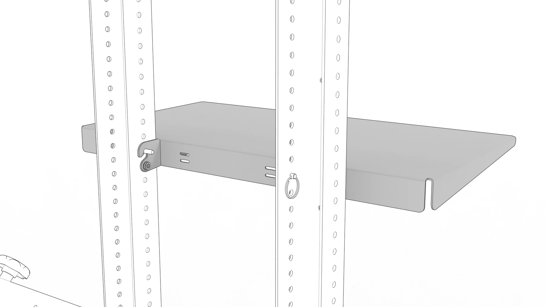 Device shelf hooked onto the quick-release pins between the cart uprights.
