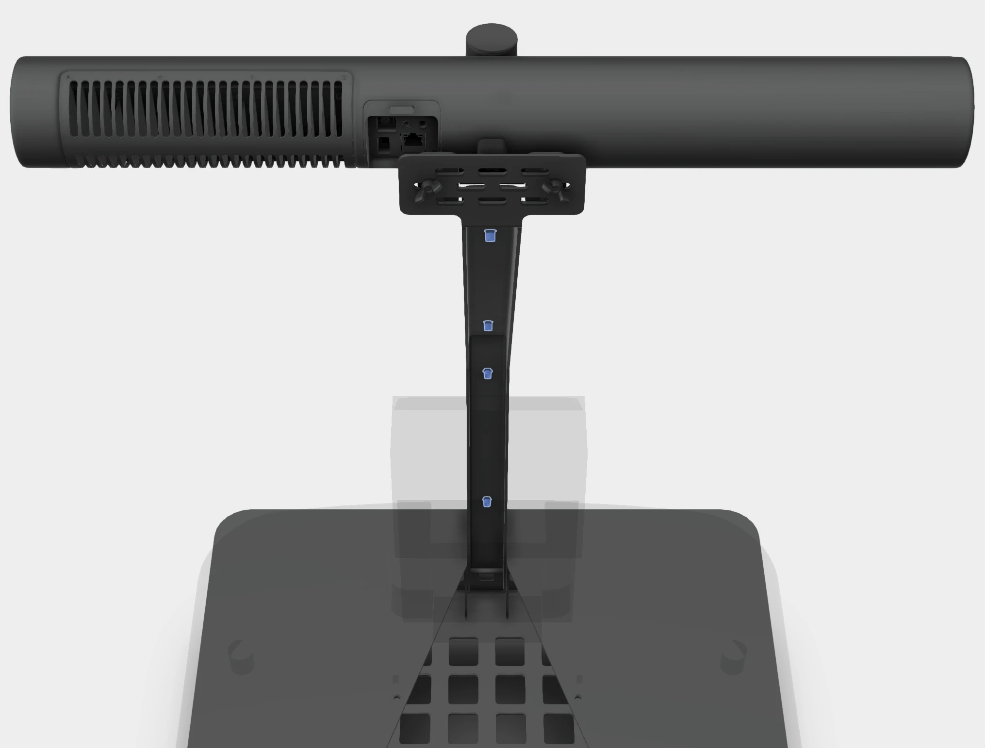 Rear of the video bar and neck showing the cable tie mounting points down the neck.