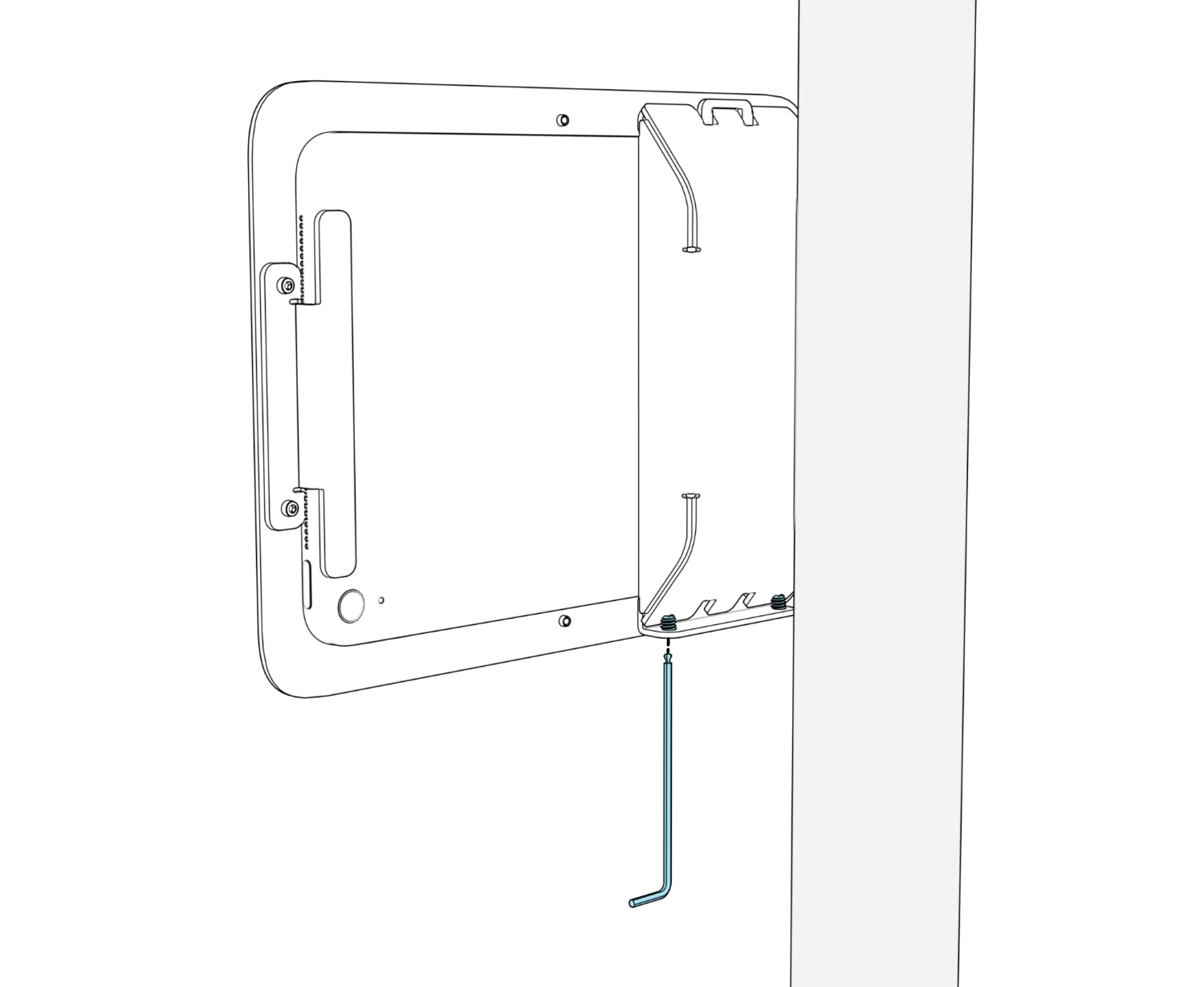 Rear view of the installed enclosure and pocket, with a hex key aligned to one of the bottom set screws.