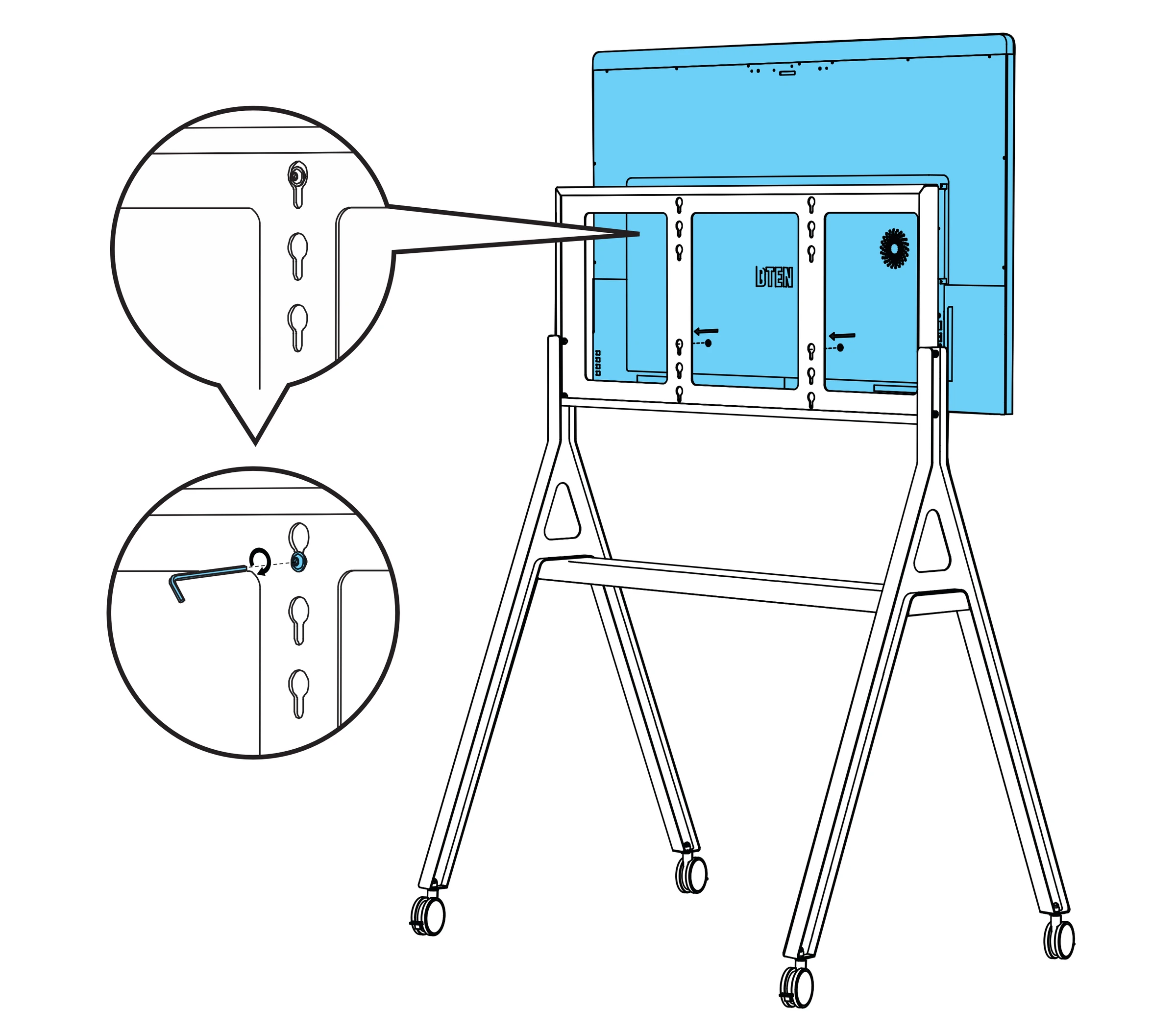 Display attached to the stand, with close-ups showing the screw heads entering and engaging the bracket keyholes.