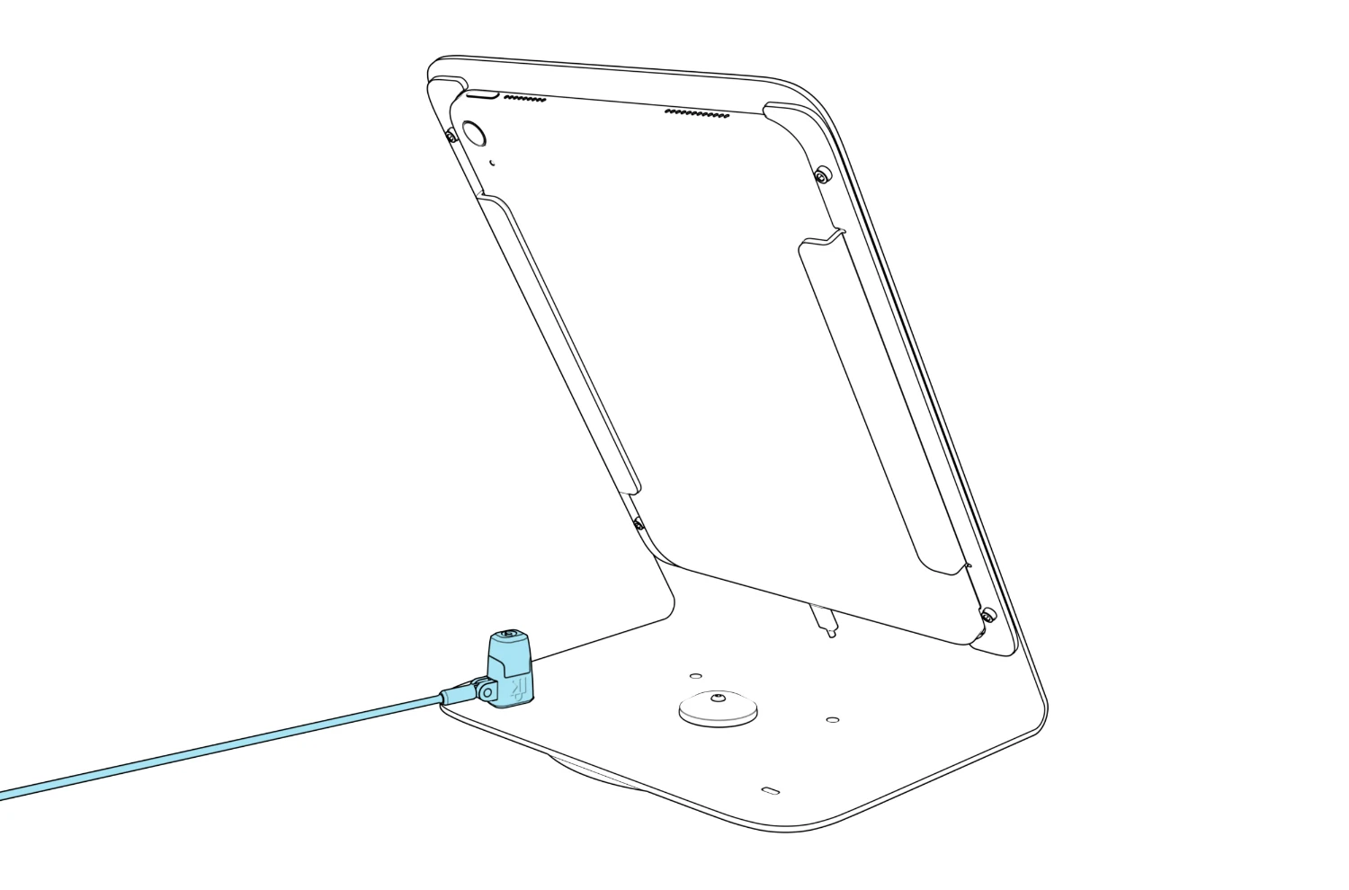 A cable lock connected to the security fitting at the stand base.