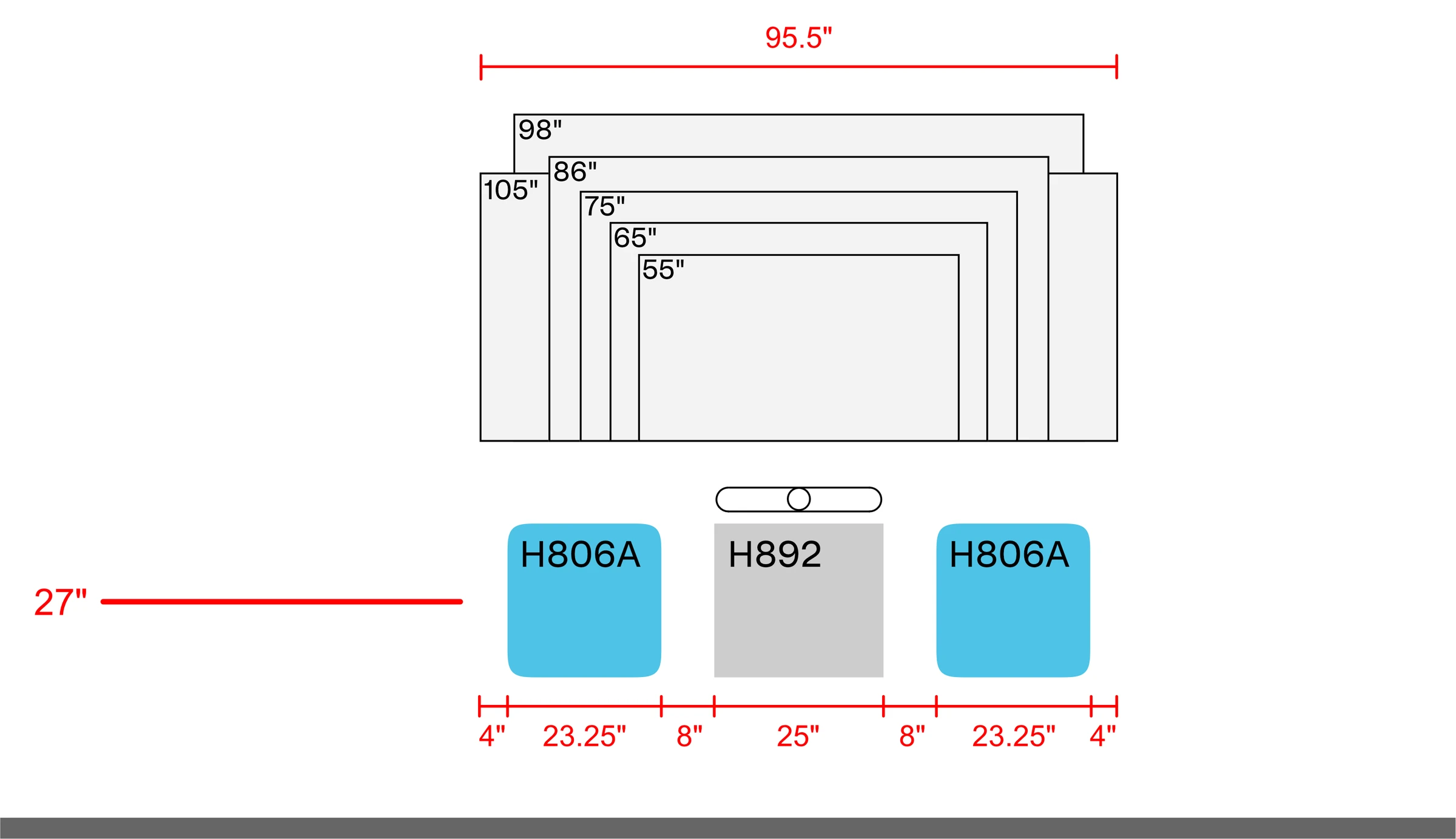 Single-display examples above H892 Credenza Mini and one H806A pair, with a 95.5-inch layout width. The 27-inch mounting reference, panel widths, and spacing dimensions are shown.
